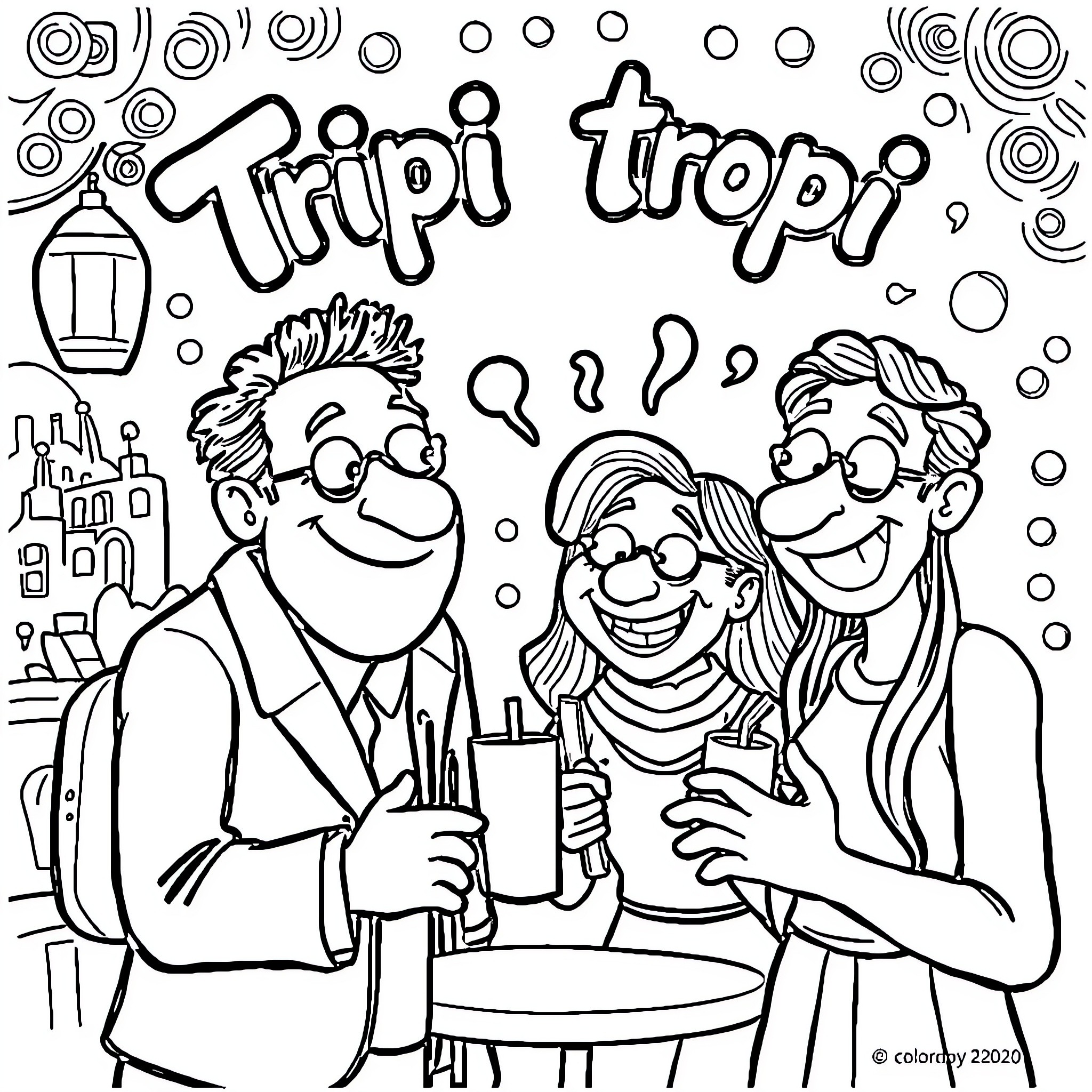 Brain enjoying tripi tropi with friends Coloring Page (free black-and-white line drawing printable PDF for all, from beginners to advanced learners, including children, teens, adults, and seniors)