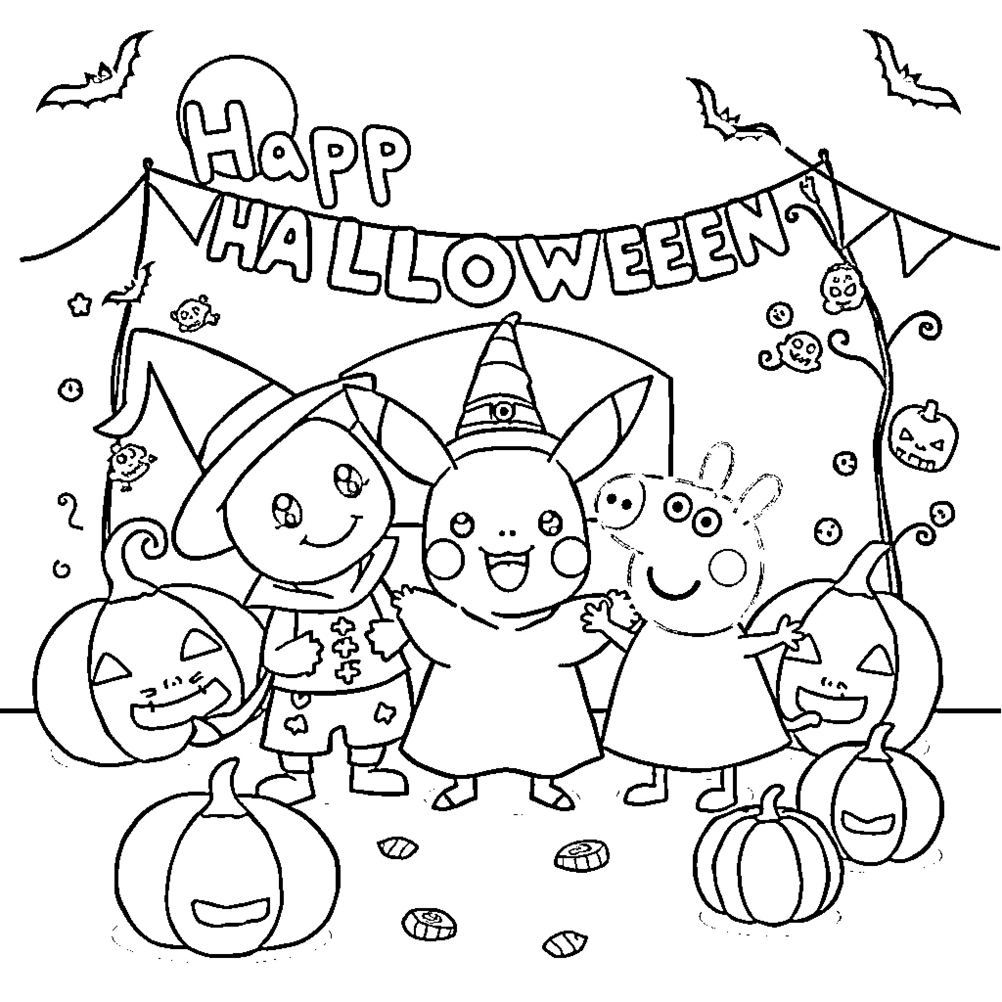 Bluey and friends celebrate happy Halloween Coloring Page (free black-and-white line drawing printable PDF for all, from beginners to advanced learners, including children, teens, adults, and seniors)
