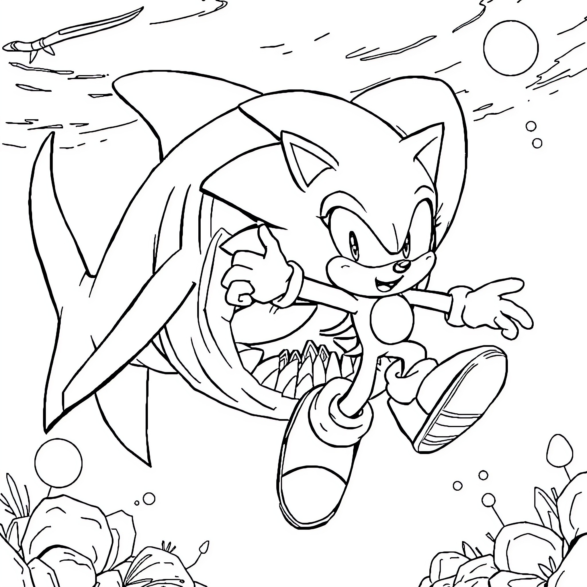 Sonic the Hedgehog in an action-packed scene Coloring Page (free black-and-white line drawing printable PDF for all, from beginners to advanced learners, including children, teens, adults, and seniors)