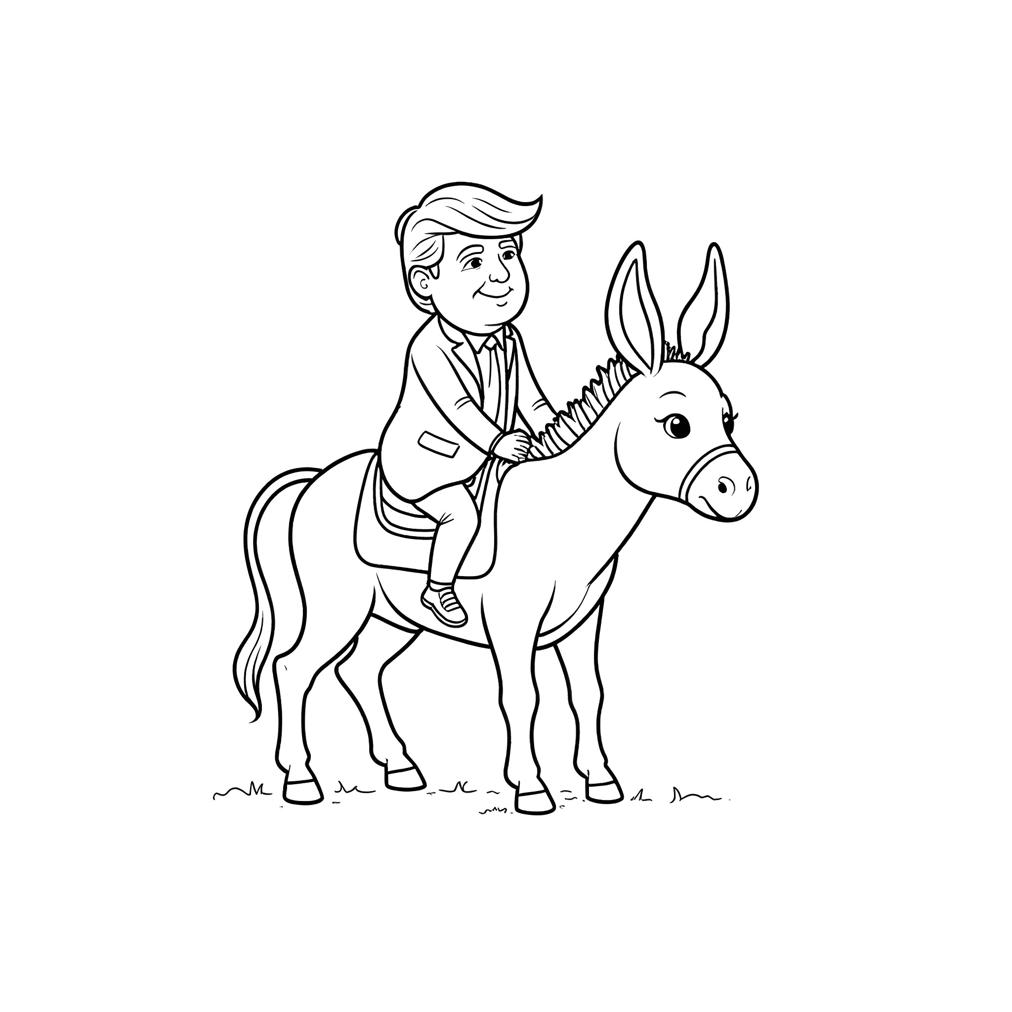 Donald Trump riding a donkey Coloring Page (free black-and-white line drawing printable PDF for all, from beginners to advanced learners, including children, teens, adults, and seniors)
