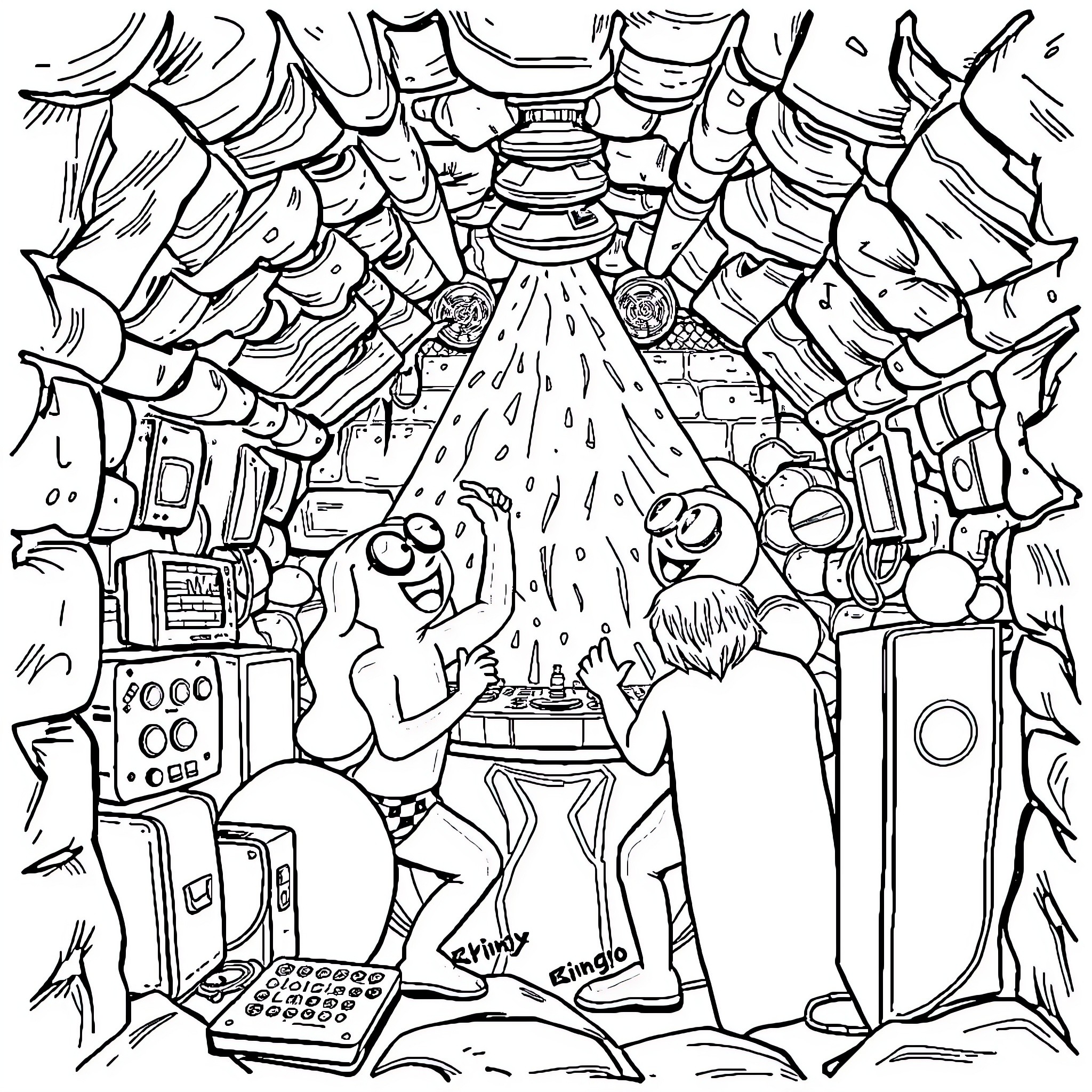 Bluey's Chaotic Birthday Celebration Coloring Page (free black-and-white line drawing printable PDF for all, from beginners to advanced learners, including children, teens, adults, and seniors)