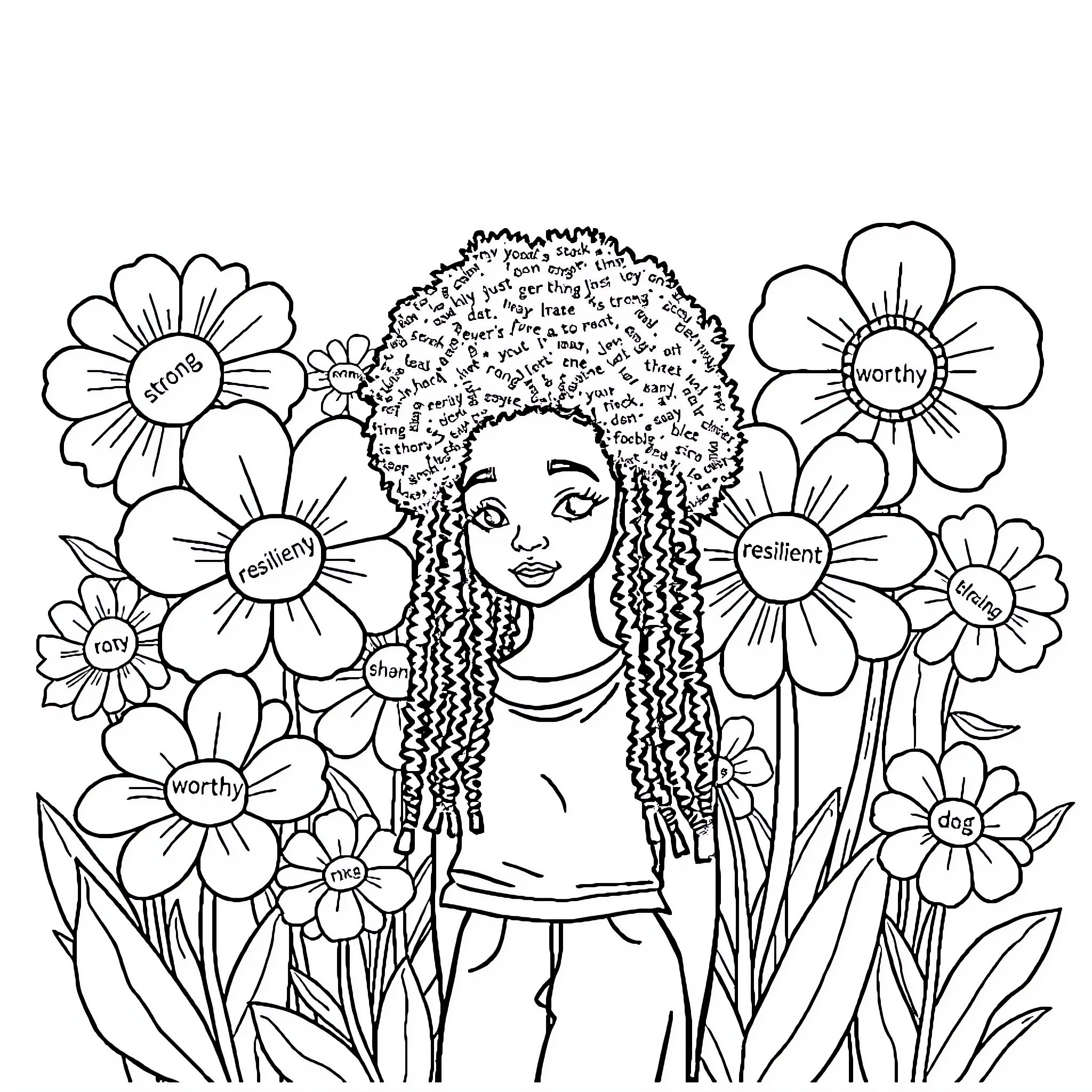 Girl surrounded by resilient flowers Coloring Page (free black-and-white line drawing printable PDF for all, from beginners to advanced learners, including children, teens, adults, and seniors)