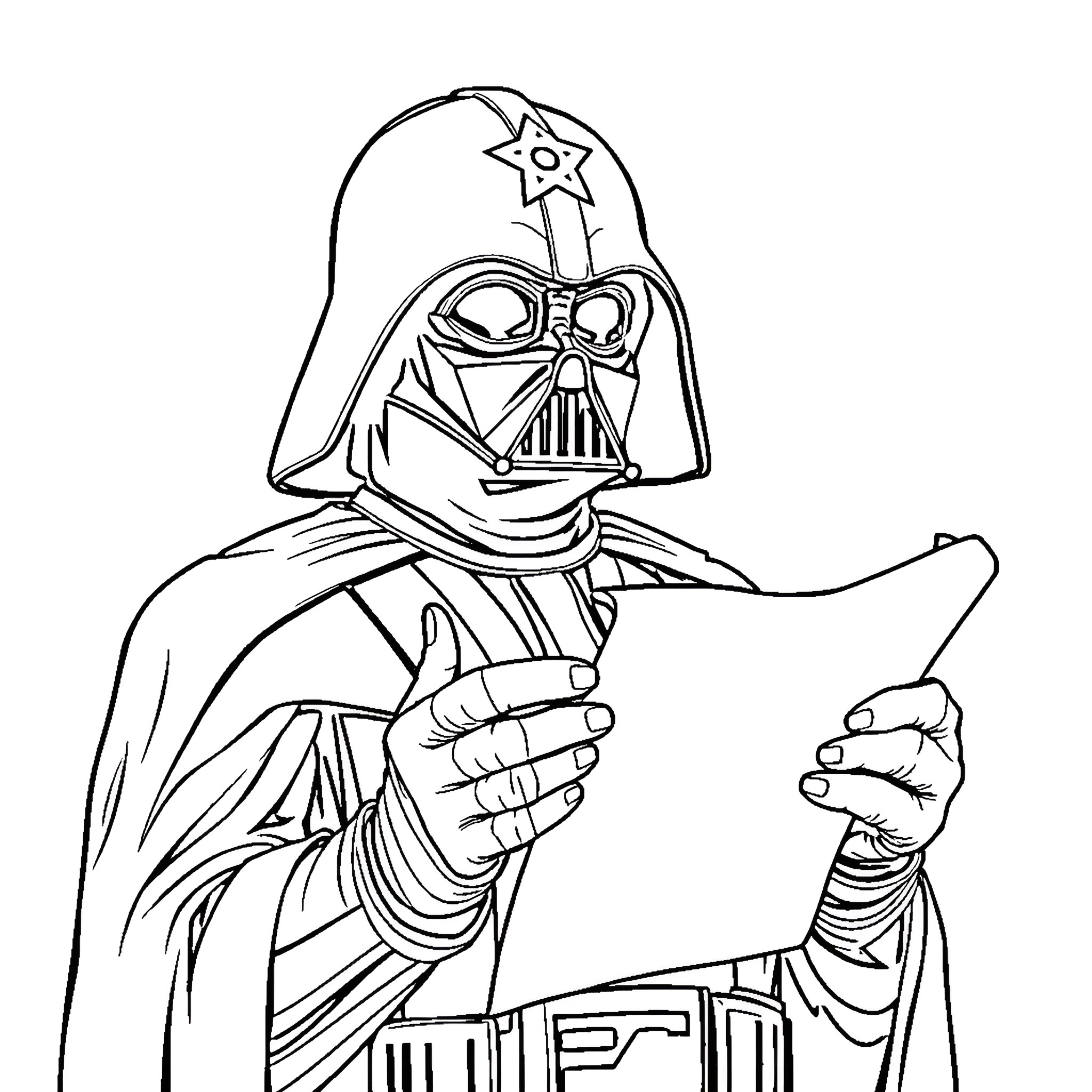 Darth Vader Reading a Document Coloring Page (free black-and-white line drawing printable PDF for all, from beginners to advanced learners, including children, teens, adults, and seniors)