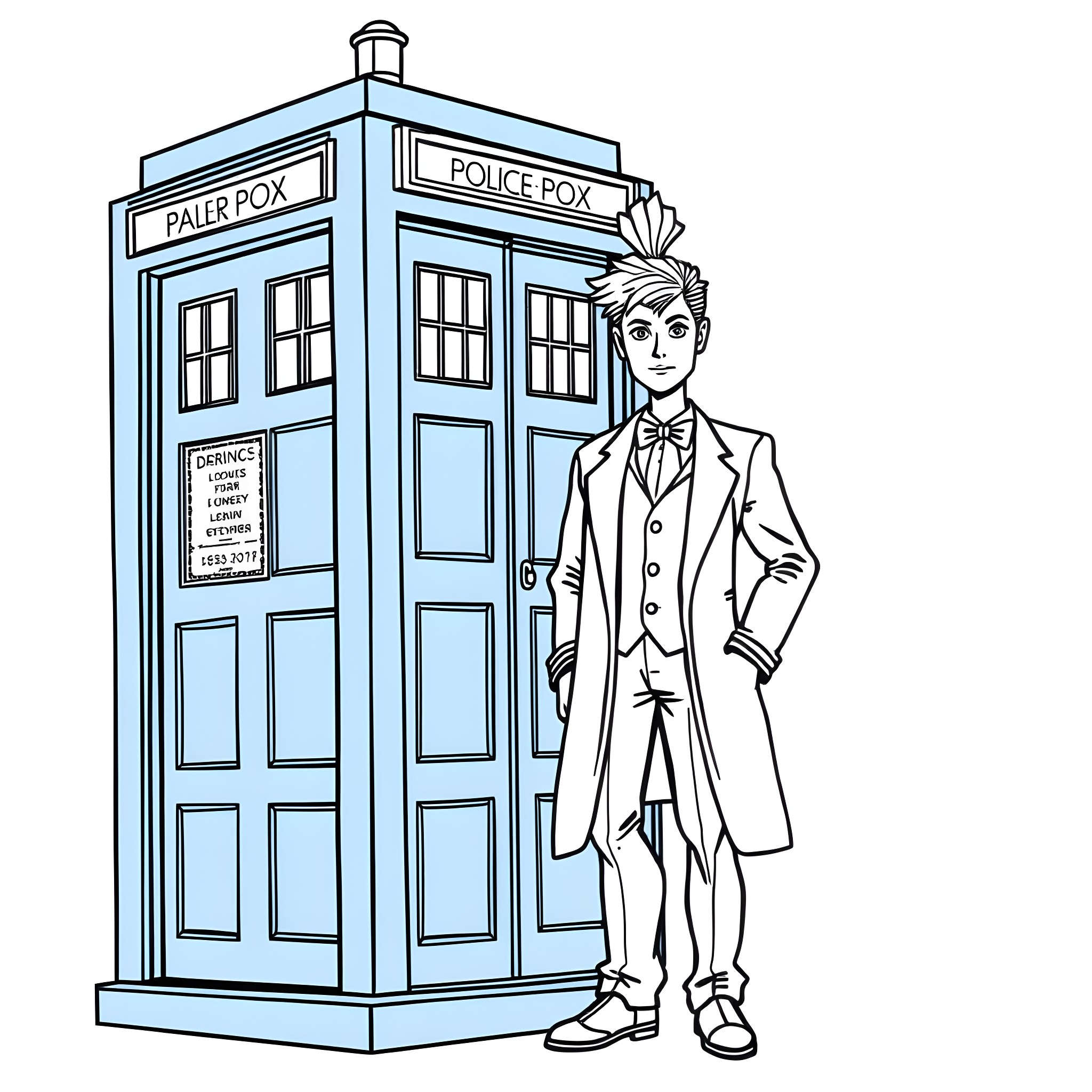 Doctor standing in front of a police box Coloring Page (free black-and-white line drawing printable PDF for all, from beginners to advanced learners, including children, teens, adults, and seniors)