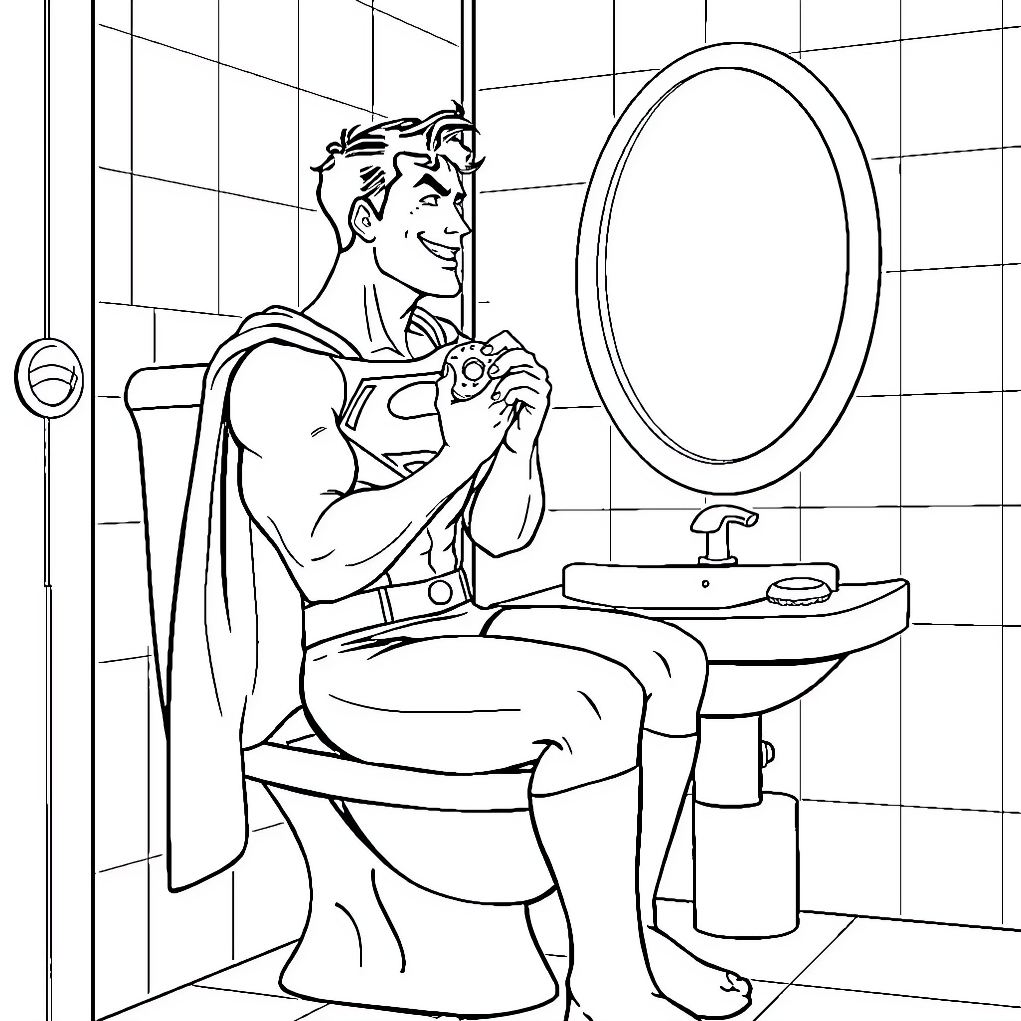 Superman grooming himself in the bathroom Coloring Page (free black-and-white line drawing printable PDF for all, from beginners to advanced learners, including children, teens, adults, and seniors)