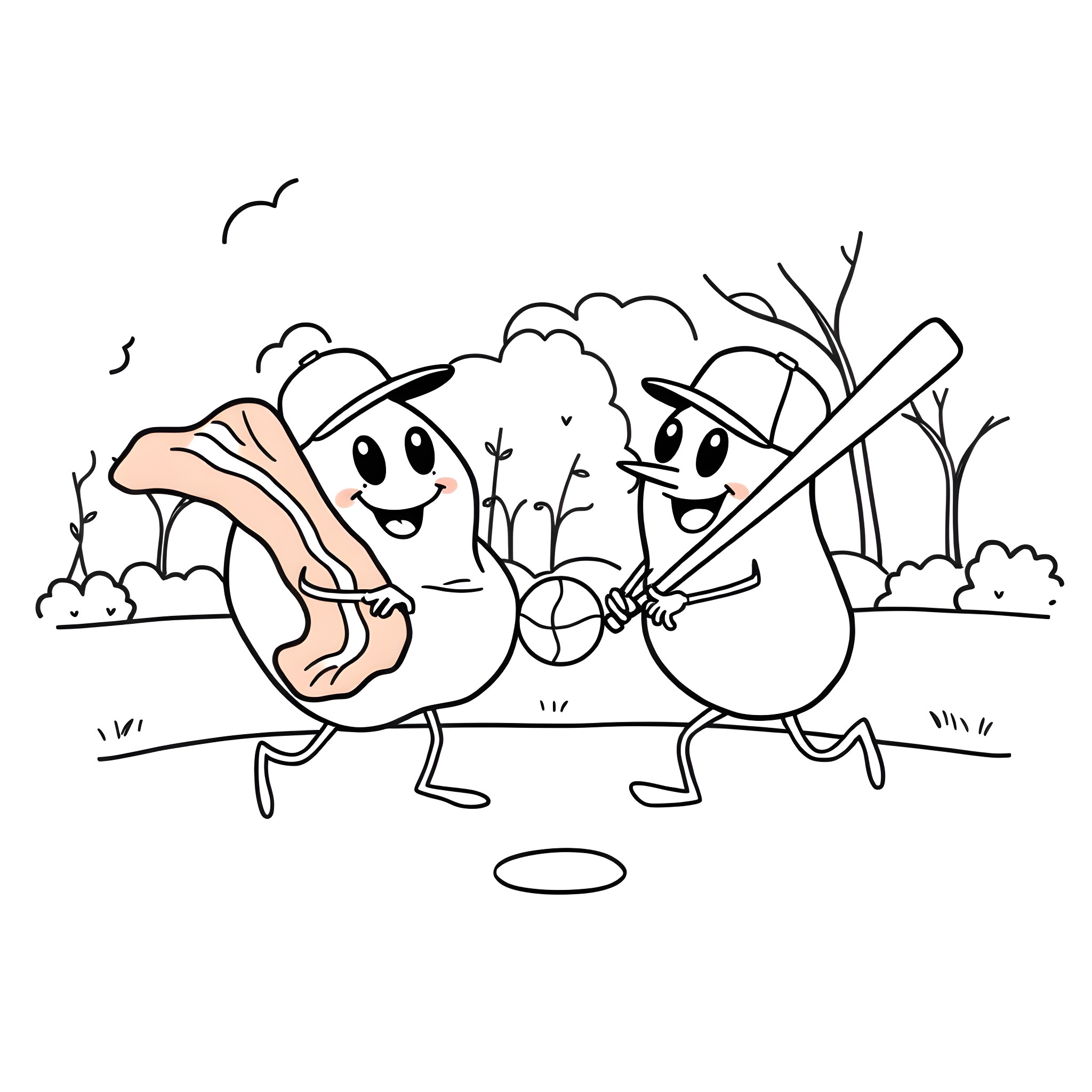 Eggs having fun in the park Coloring Page (free black-and-white line drawing printable PDF for all, from beginners to advanced learners, including children, teens, adults, and seniors)