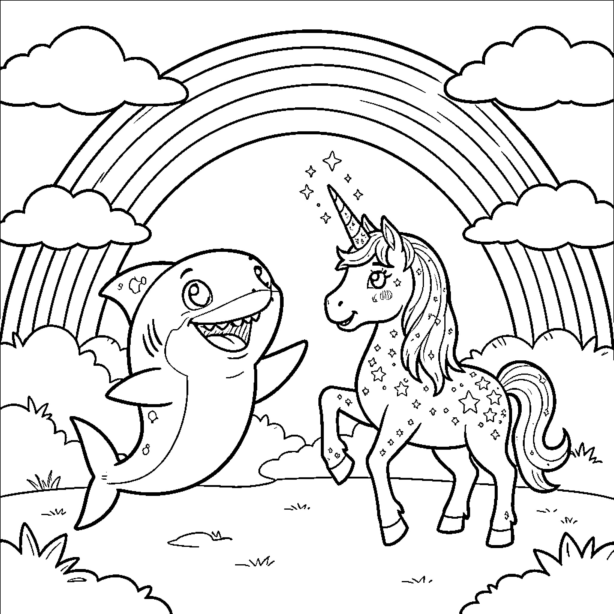 Shark and unicorn playing in magical rainbow landscape Coloring Page (free black-and-white line drawing printable PDF for all, from beginners to advanced learners, including children, teens, adults, and seniors)