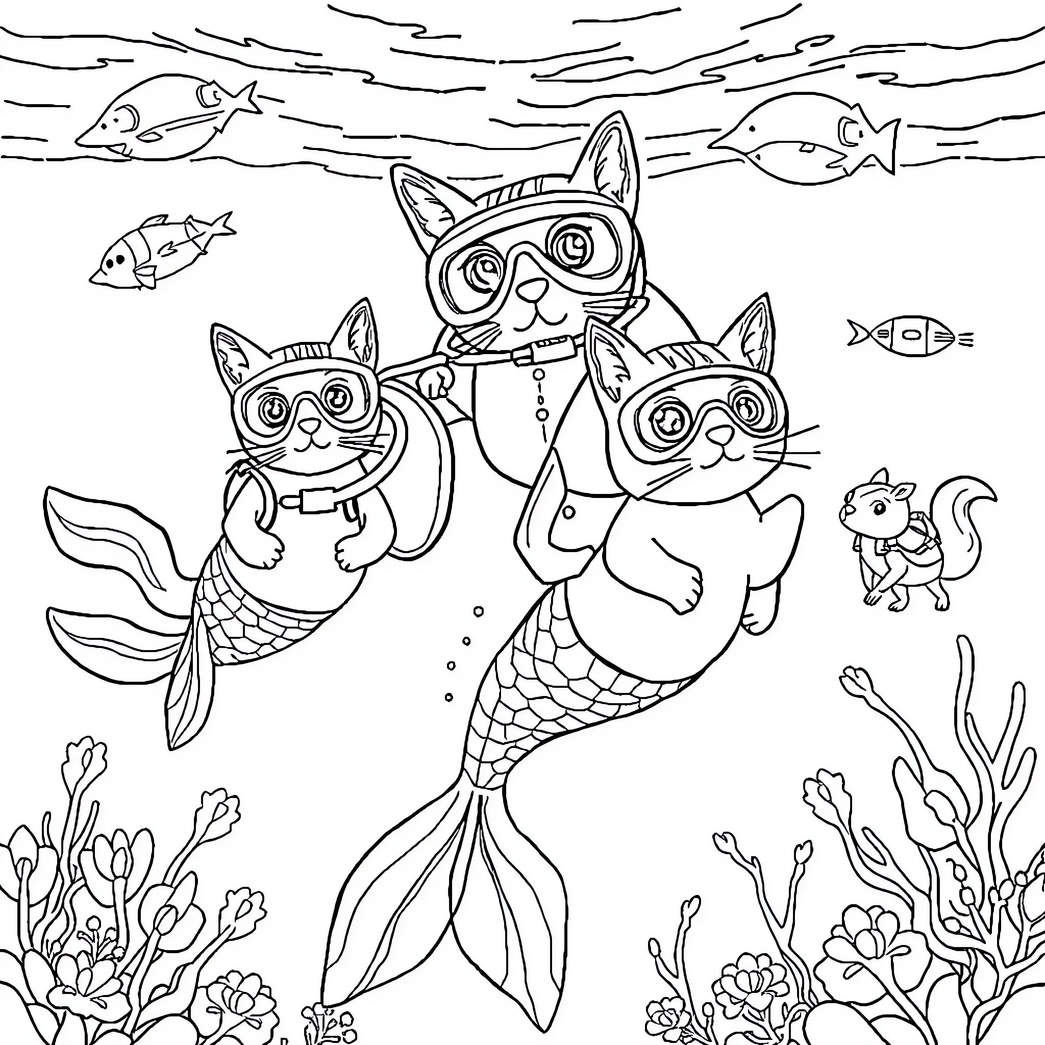 Cats as Mermaid Swimmers with Underwater Friends Coloring Page (free black-and-white line drawing printable PDF for all, from beginners to advanced learners, including children, teens, adults, and seniors)