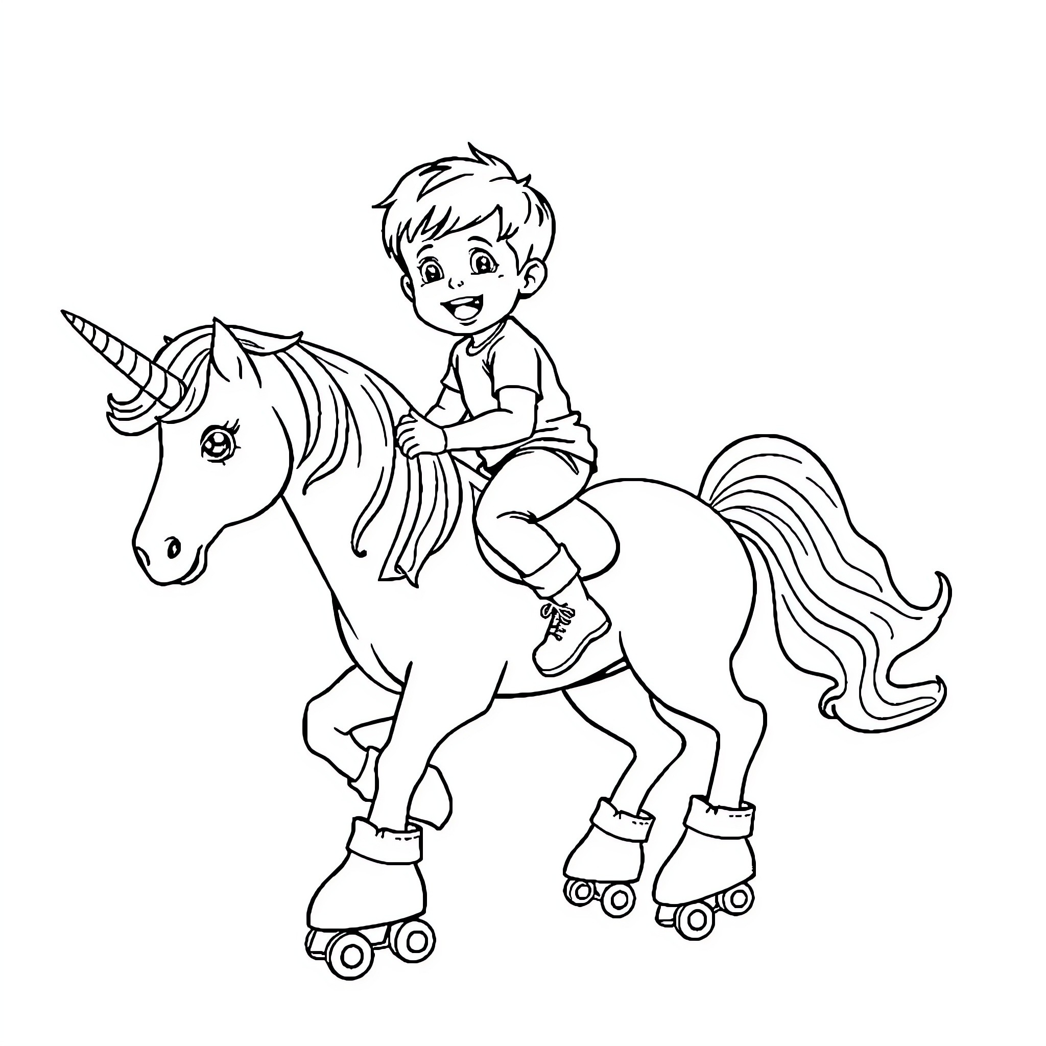Unicorn ride with a young boy on roller skates Coloring Page (free black-and-white line drawing printable PDF for all, from beginners to advanced learners, including children, teens, adults, and seniors)