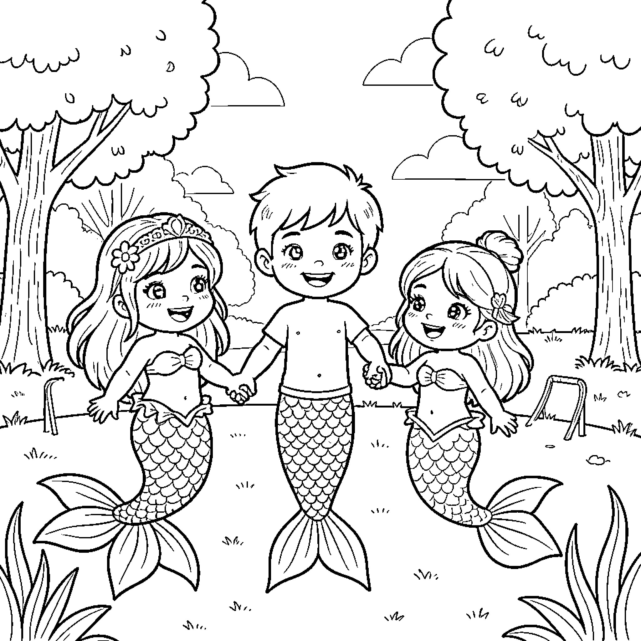 Mermaid Family Enjoying the Underwater Scene Coloring Page (free black-and-white line drawing printable PDF for all, from beginners to advanced learners, including children, teens, adults, and seniors)