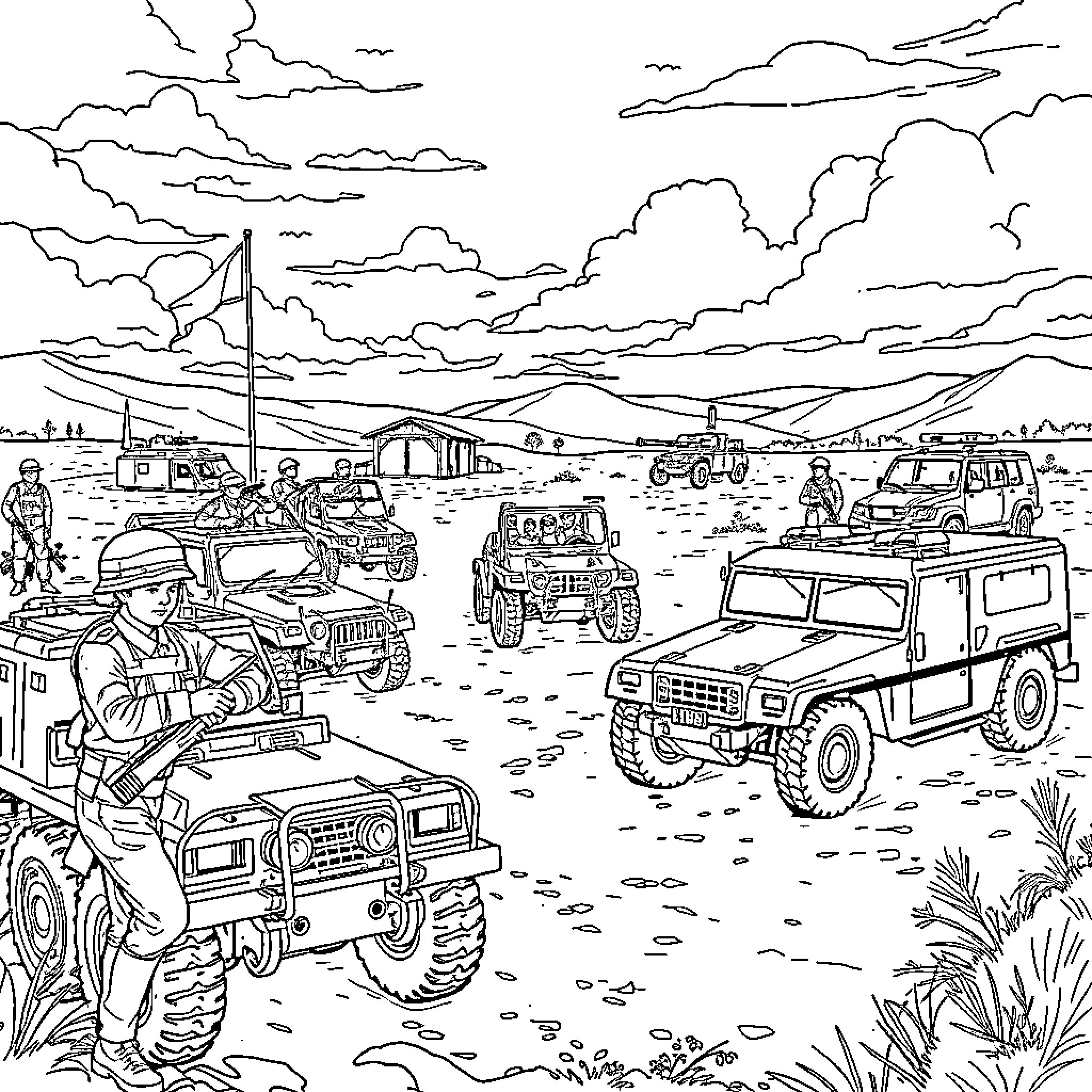 Military Base with Soldiers and Vehicles on Duty Coloring Page (free black-and-white line drawing printable PDF for all, from beginners to advanced learners, including children, teens, adults, and seniors)