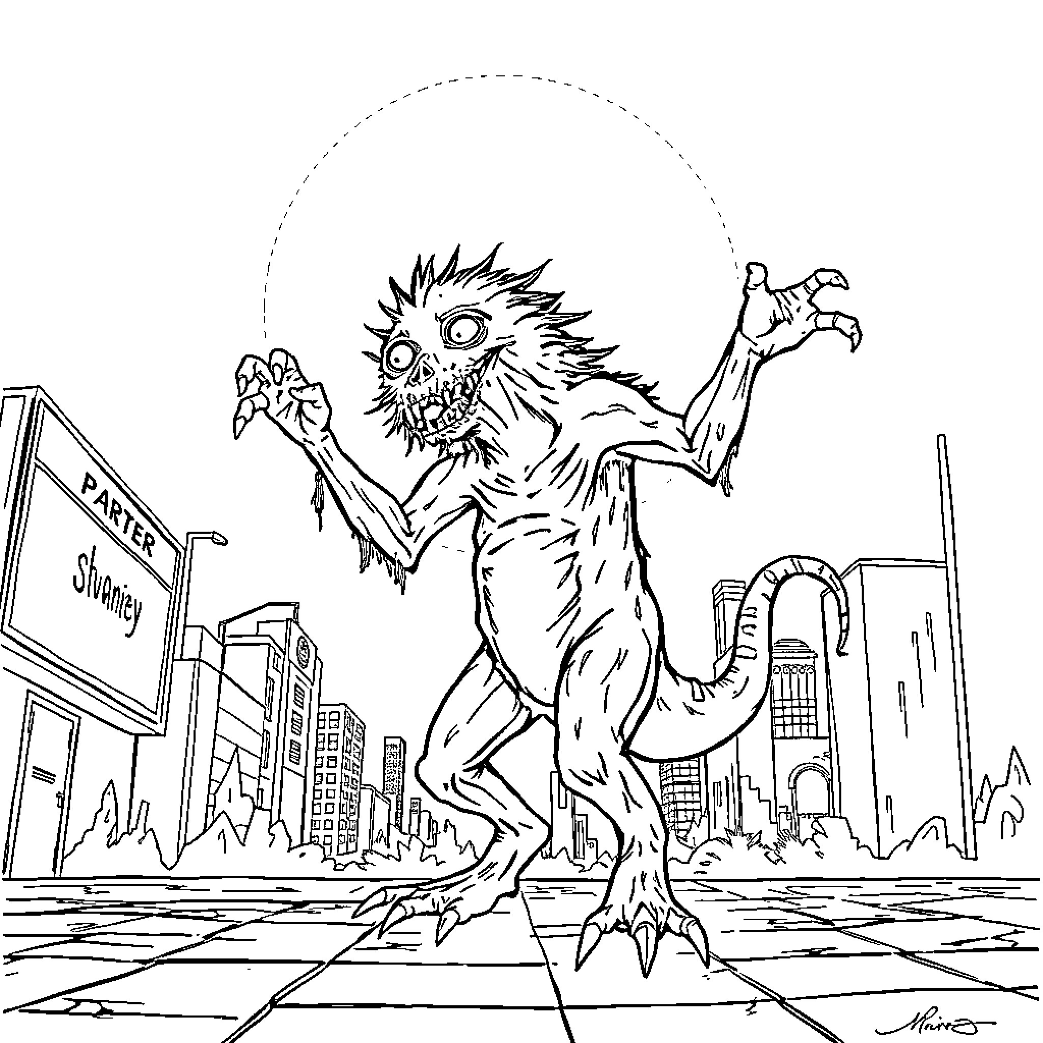 Monster wreaking havoc in the city Coloring Page (free black-and-white line drawing printable PDF for all, from beginners to advanced learners, including children, teens, adults, and seniors)