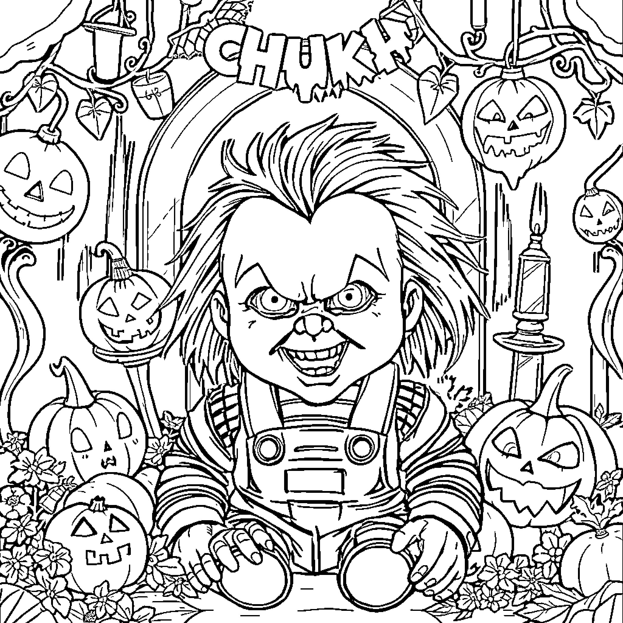 Chucky's Spooky Halloween Adventure Coloring Page (free black-and-white line drawing printable PDF for all, from beginners to advanced learners, including children, teens, adults, and seniors)