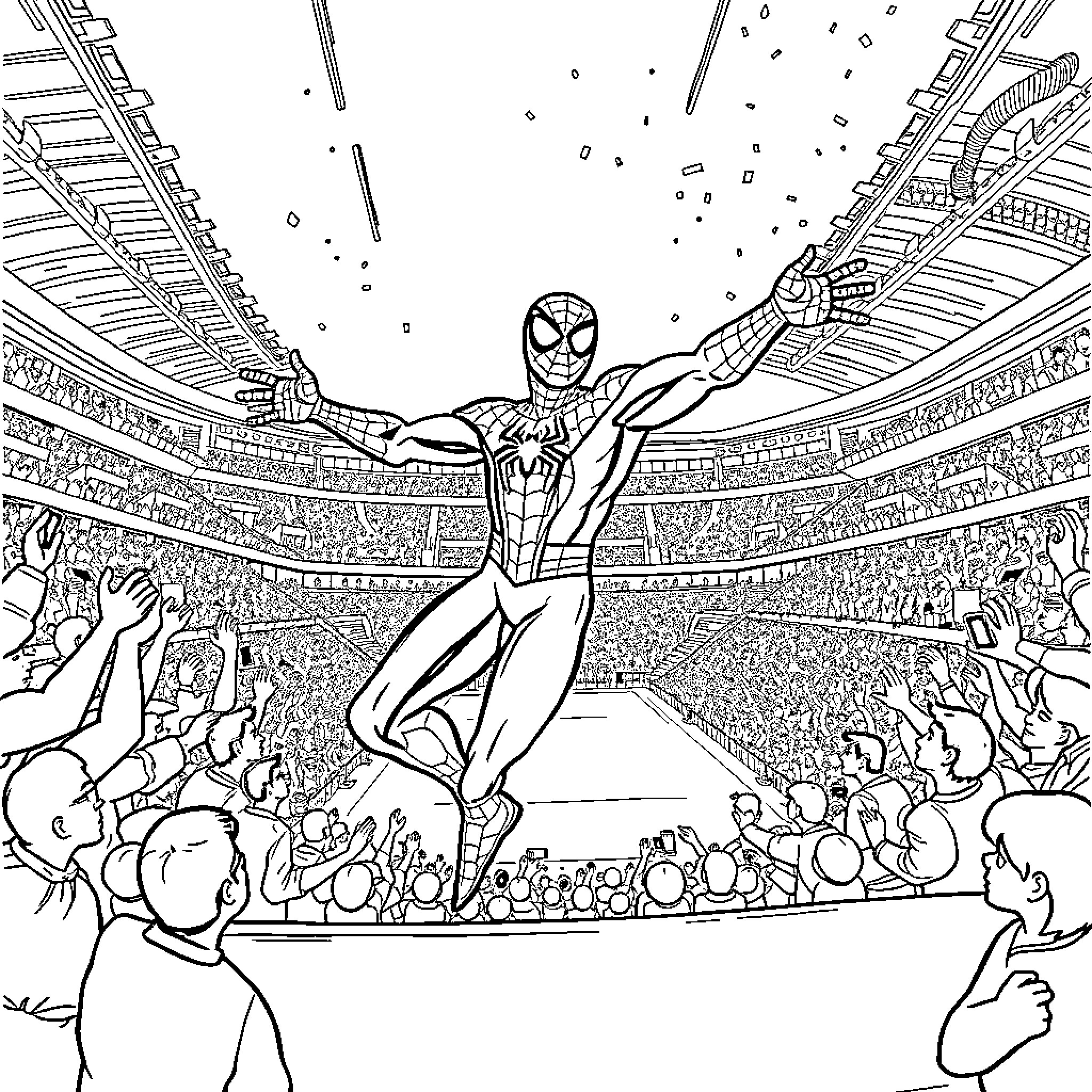 Spiderman swinging through the city skyline Coloring Page (free black-and-white line drawing printable PDF for all, from beginners to advanced learners, including children, teens, adults, and seniors)