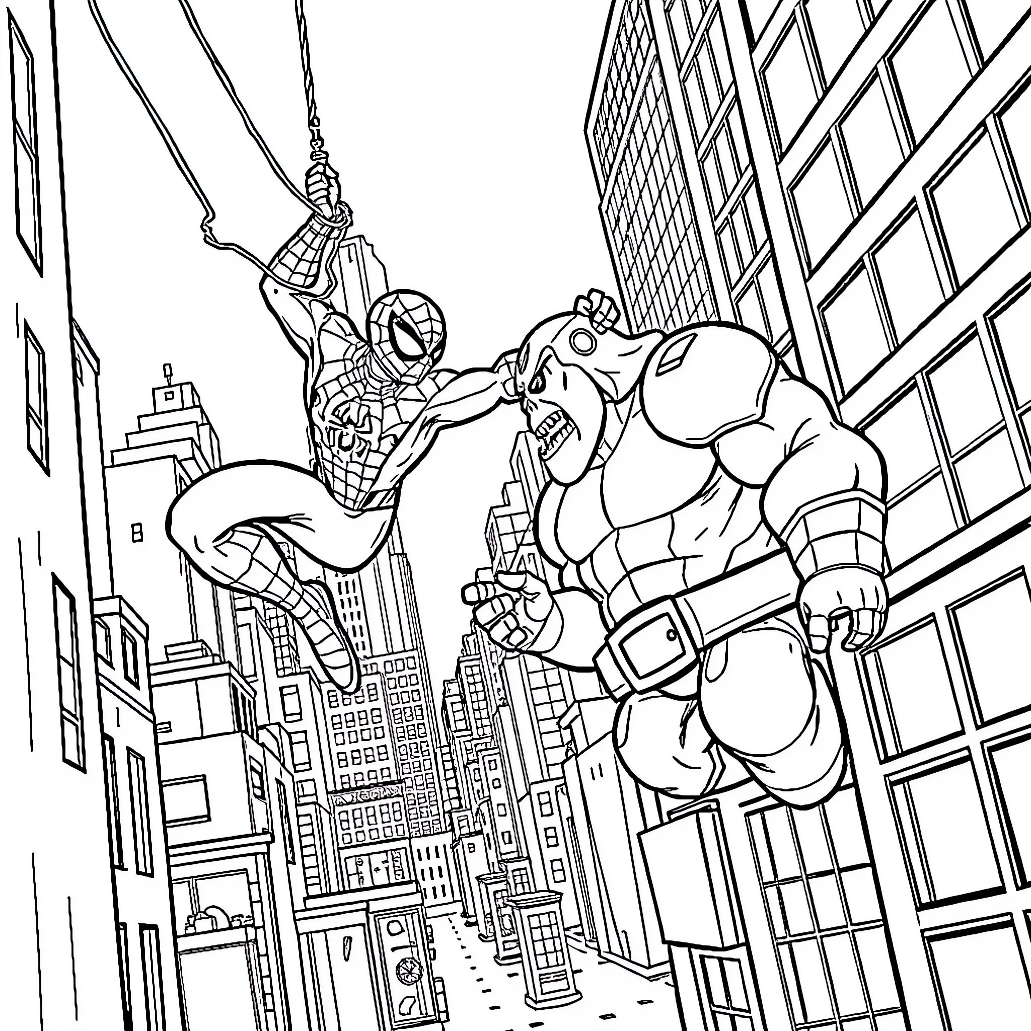 Spiderman battles a muscular villain in the city Coloring Page (free black-and-white line drawing printable PDF for all, from beginners to advanced learners, including children, teens, adults, and seniors)