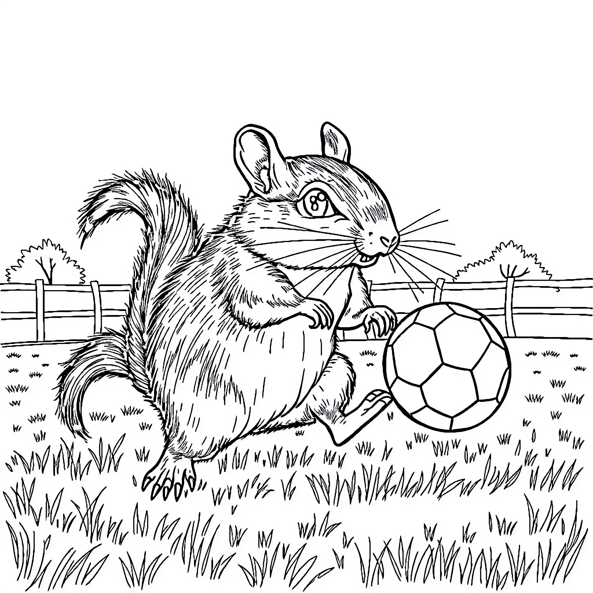 Stick Squirrel Playing Happily with Soccer Ball Coloring Page (free black-and-white line drawing printable PDF for all, from beginners to advanced learners, including children, teens, adults, and seniors)