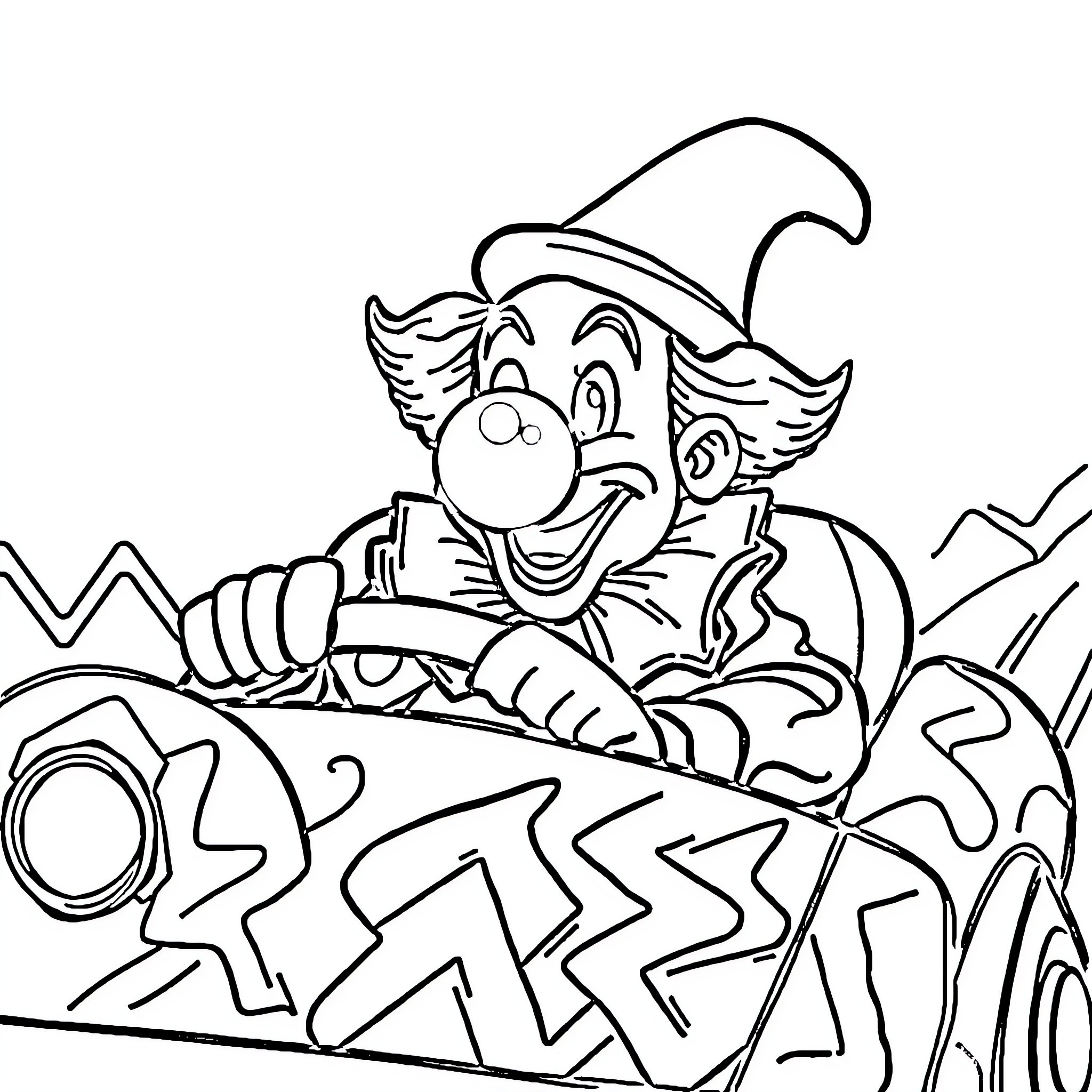 Clown riding colorful abstract vehicle Coloring Page (free black-and-white line drawing printable PDF for all, from beginners to advanced learners, including children, teens, adults, and seniors)