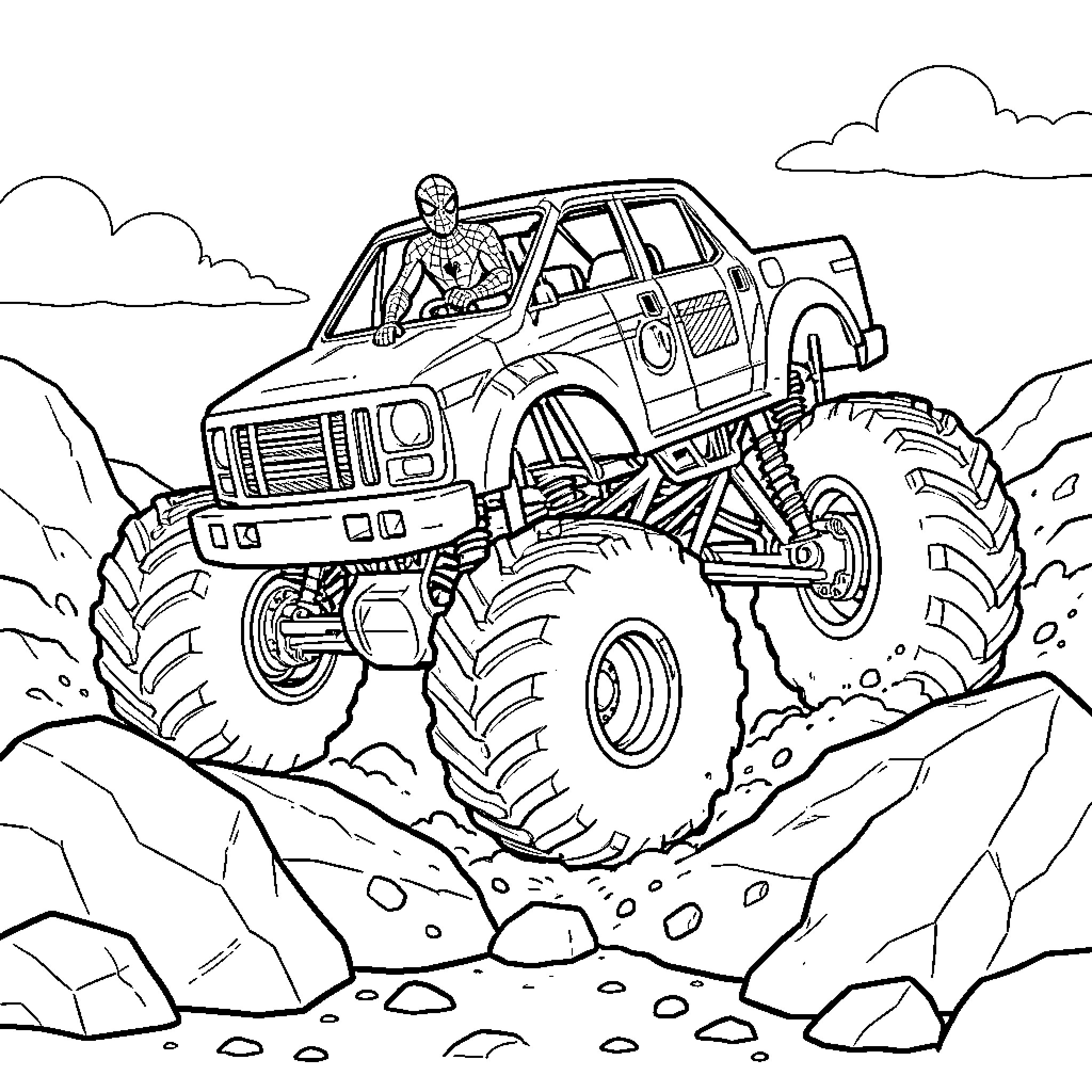 Spiderman driving a massive monster truck over rocks Coloring Page (free black-and-white line drawing printable PDF for all, from beginners to advanced learners, including children, teens, adults, and seniors)