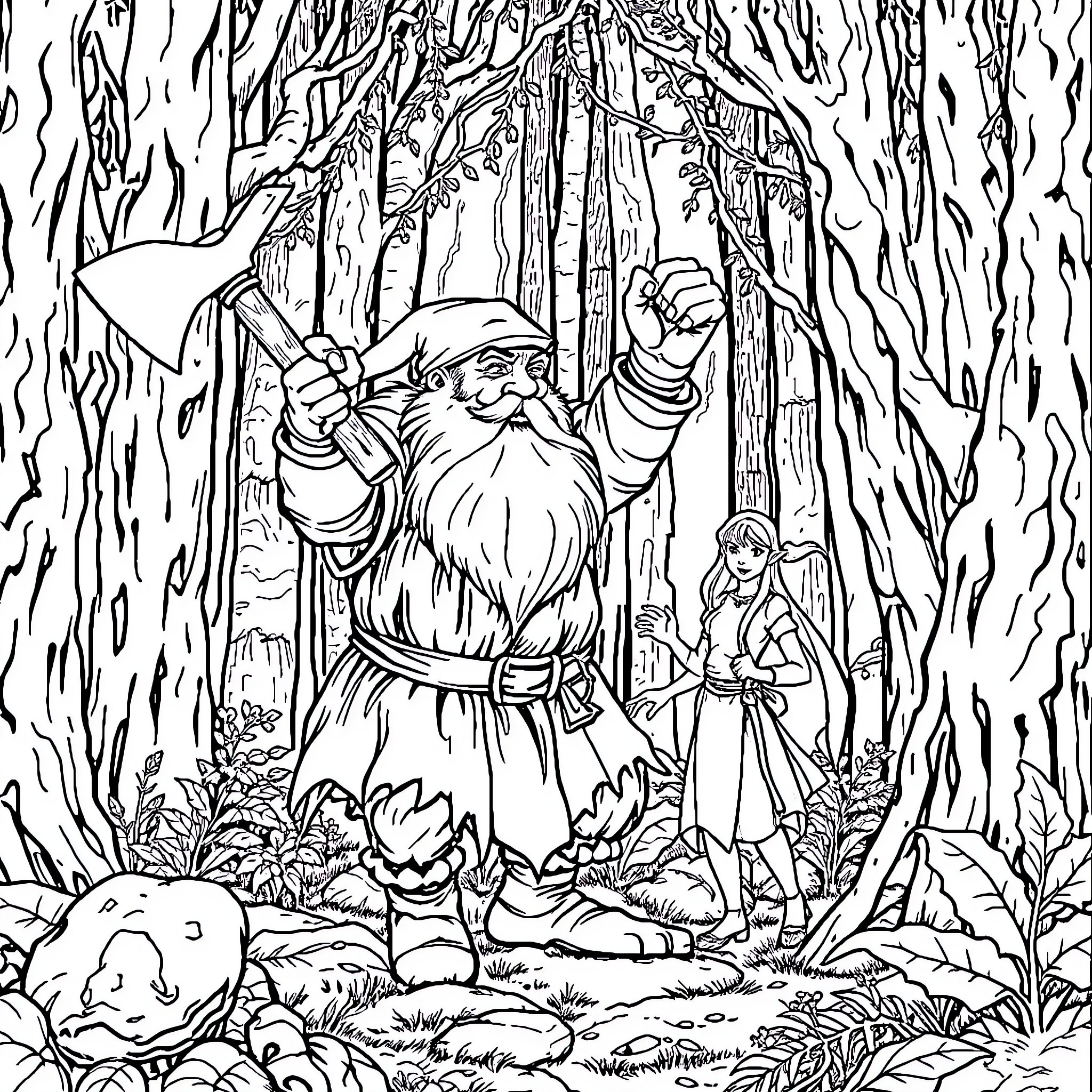 Dwarf exploring enchanted forest with companion Coloring Page (free black-and-white line drawing printable PDF for all, from beginners to advanced learners, including children, teens, adults, and seniors)