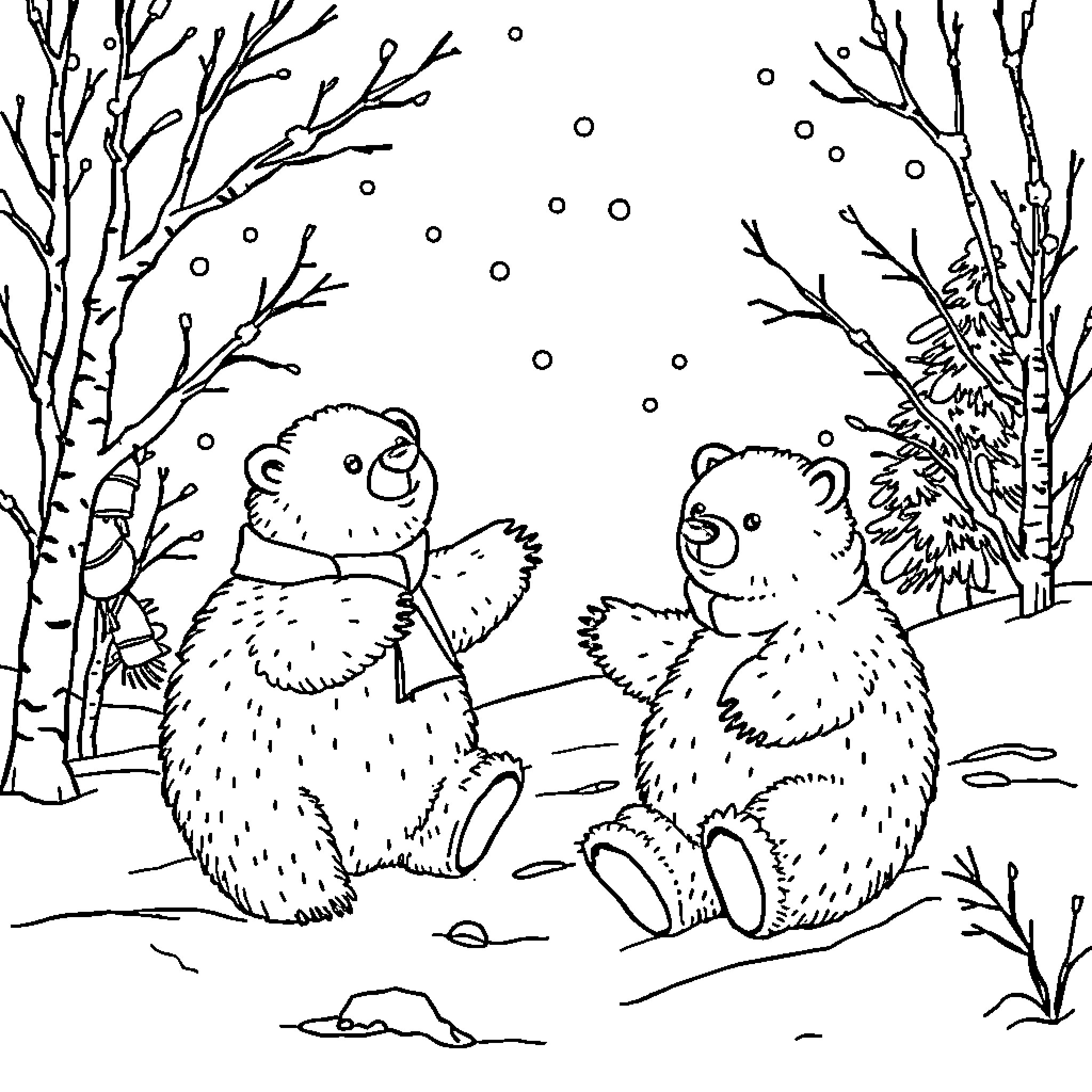 Ours playing in the snowy forest Coloring Page (free black-and-white line drawing printable PDF for all, from beginners to advanced learners, including children, teens, adults, and seniors)