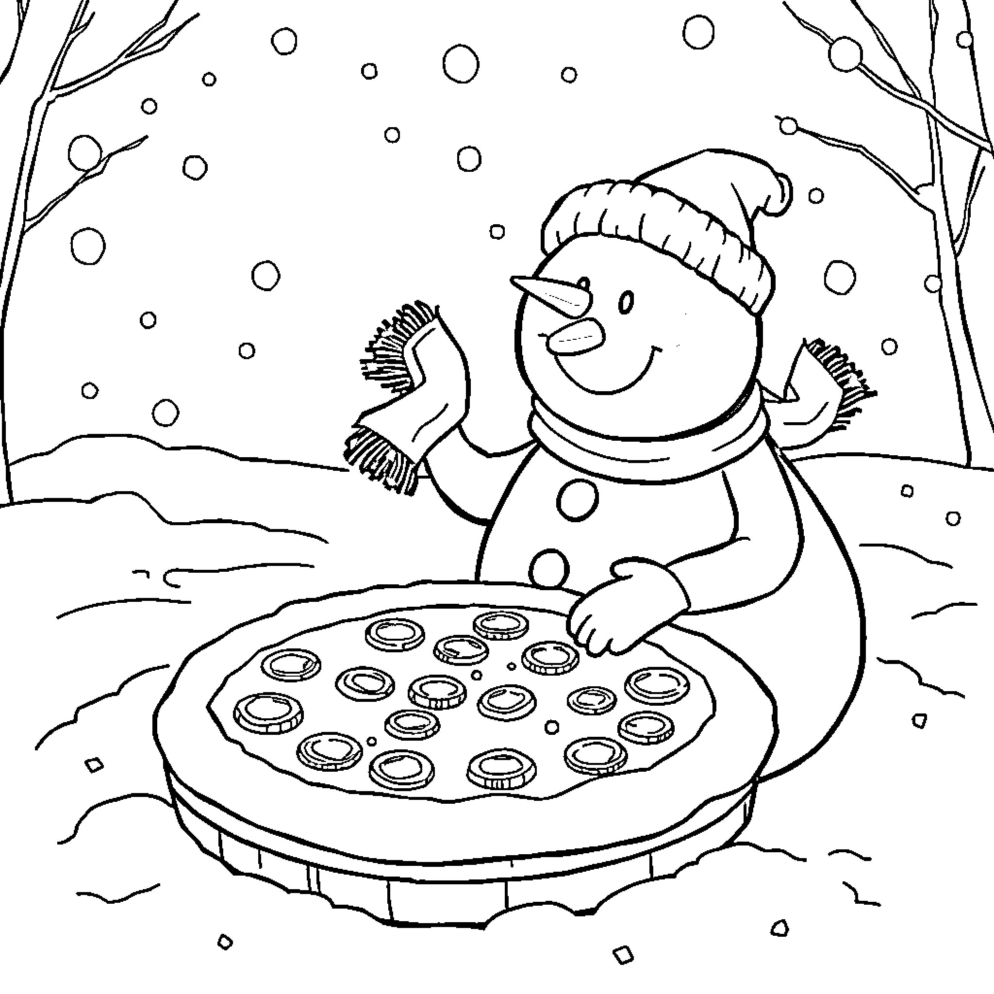 Snowman enjoying a snowy day and playing with toys Coloring Page (free black-and-white line drawing printable PDF for all, from beginners to advanced learners, including children, teens, adults, and seniors)