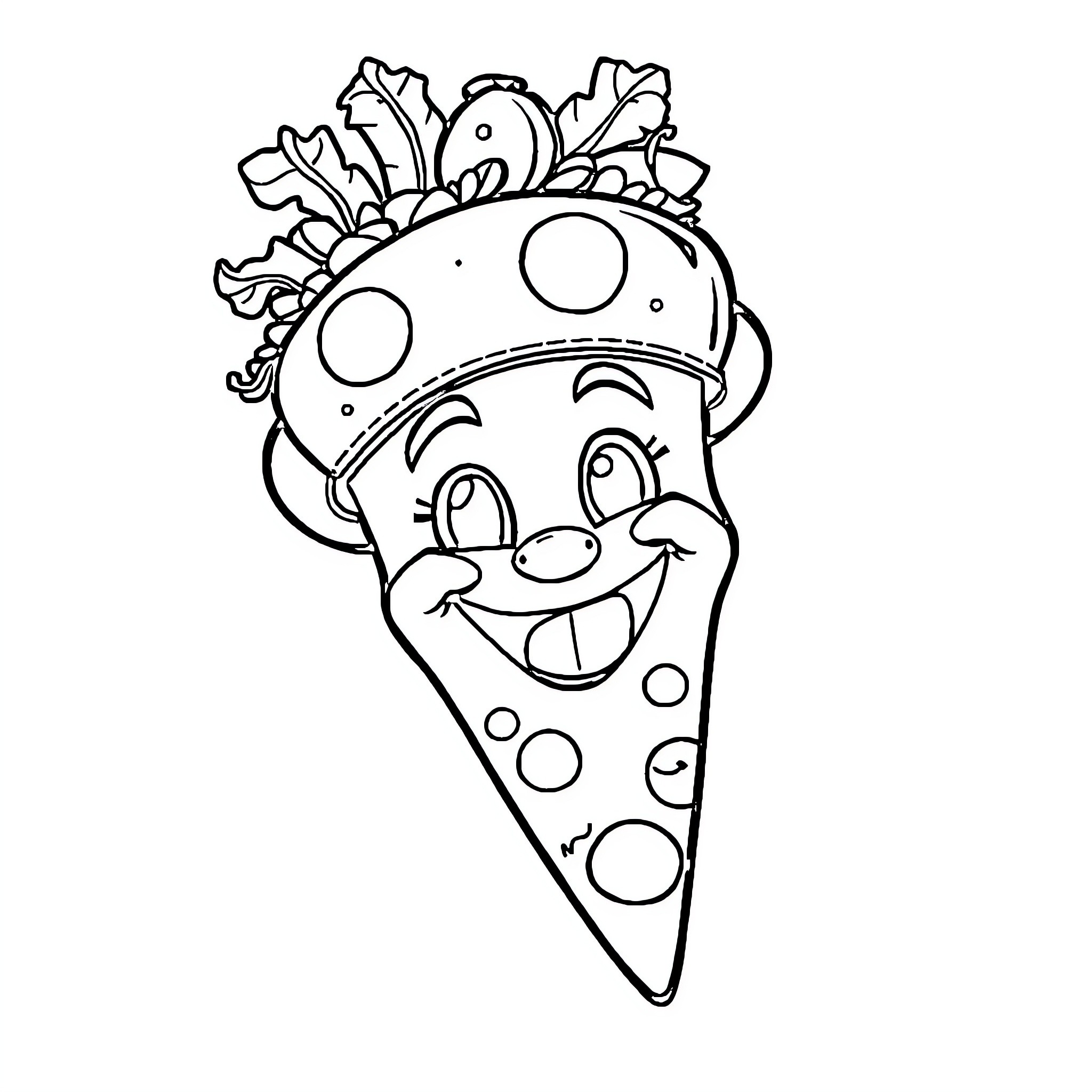 Pizza Spice Cartoon Delight Coloring Page (free black-and-white line drawing printable PDF for all, from beginners to advanced learners, including children, teens, adults, and seniors)