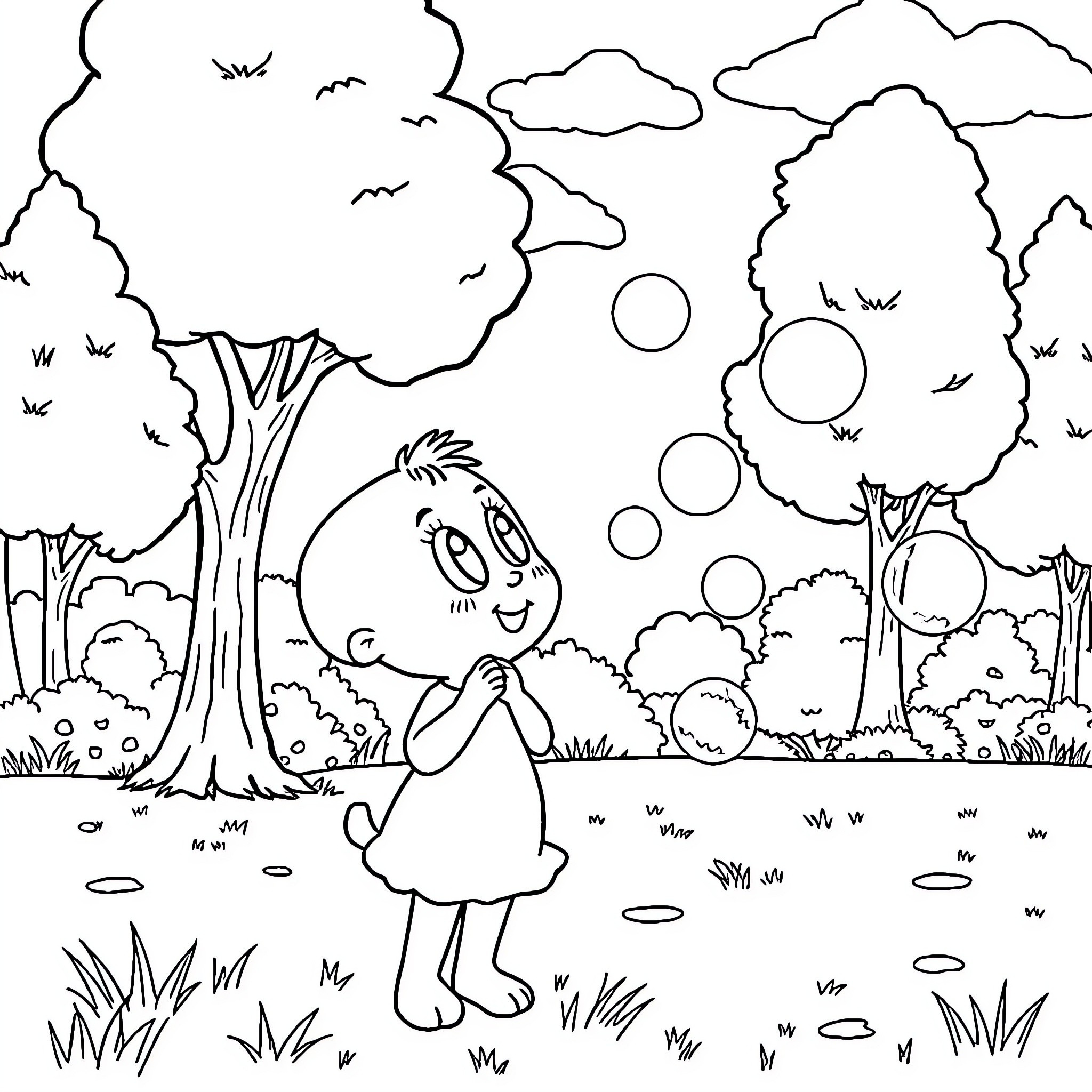 Poppy exploring a whimsical forest landscape Coloring Page (free black-and-white line drawing printable PDF for all, from beginners to advanced learners, including children, teens, adults, and seniors)