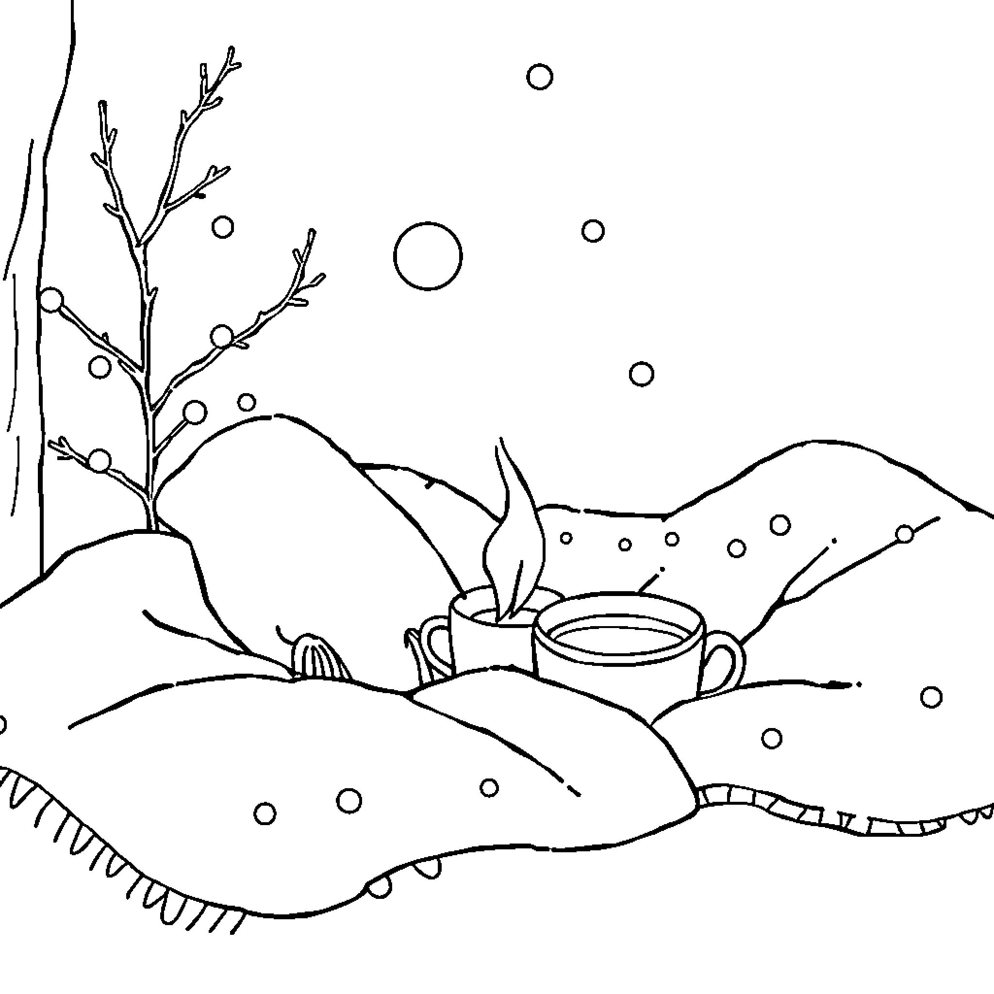 Book of winter landscape with hot beverage Coloring Page (free black-and-white line drawing printable PDF for all, from beginners to advanced learners, including children, teens, adults, and seniors)