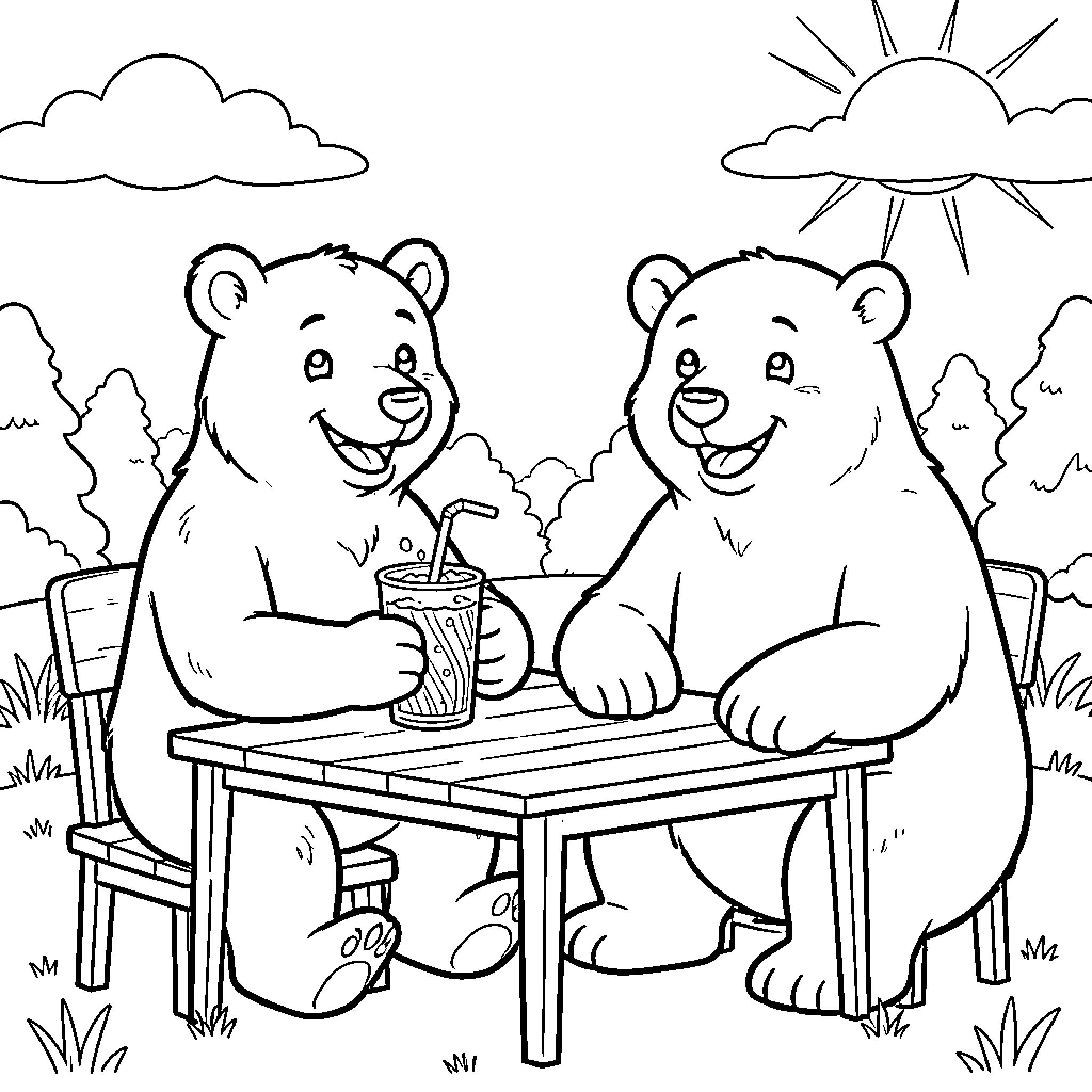 Oso bears sharing a refreshing drink Coloring Page (free black-and-white line drawing printable PDF for all, from beginners to advanced learners, including children, teens, adults, and seniors)