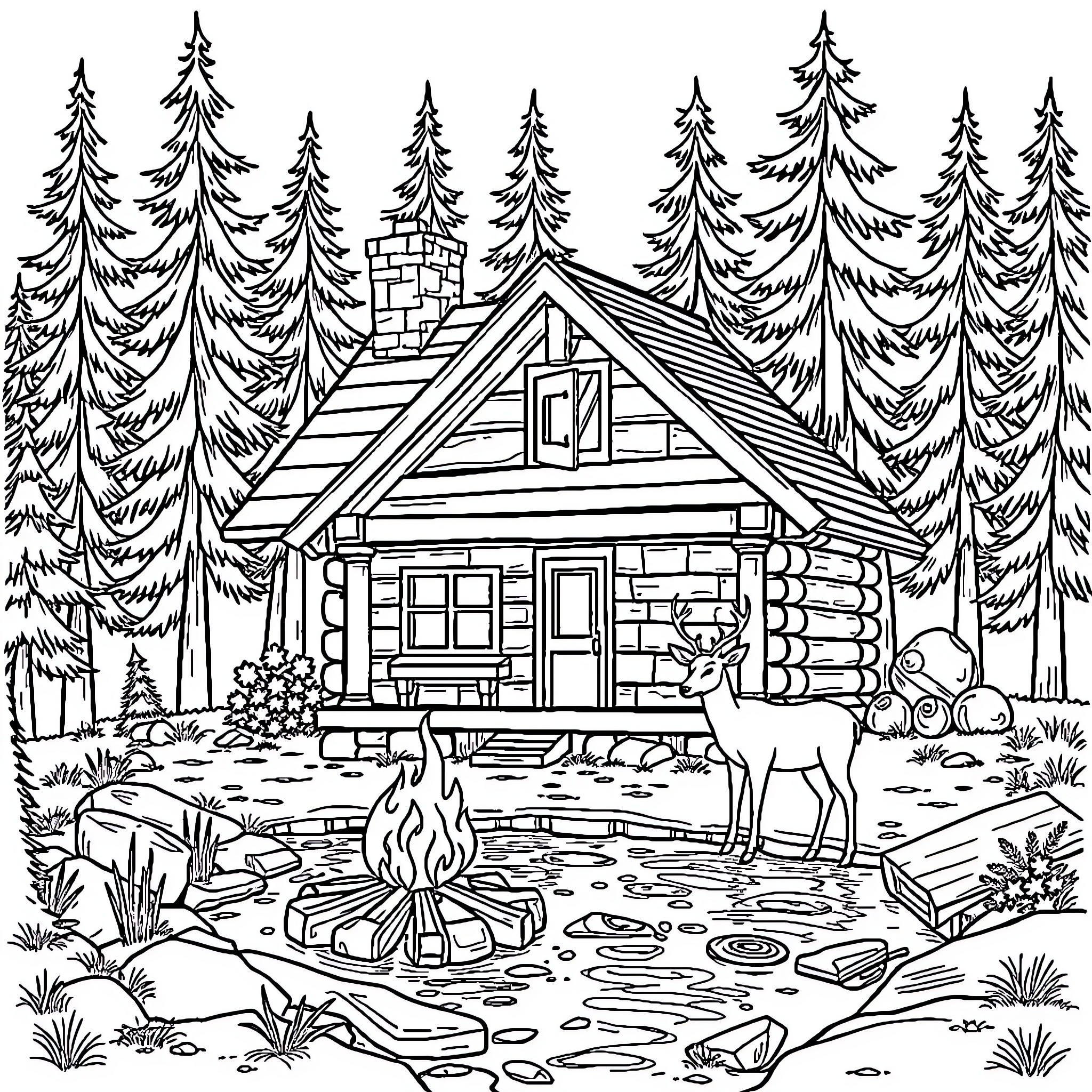 Cabin in the Serene Woodland Setting Coloring Page (free black-and-white line drawing printable PDF for all, from beginners to advanced learners, including children, teens, adults, and seniors)