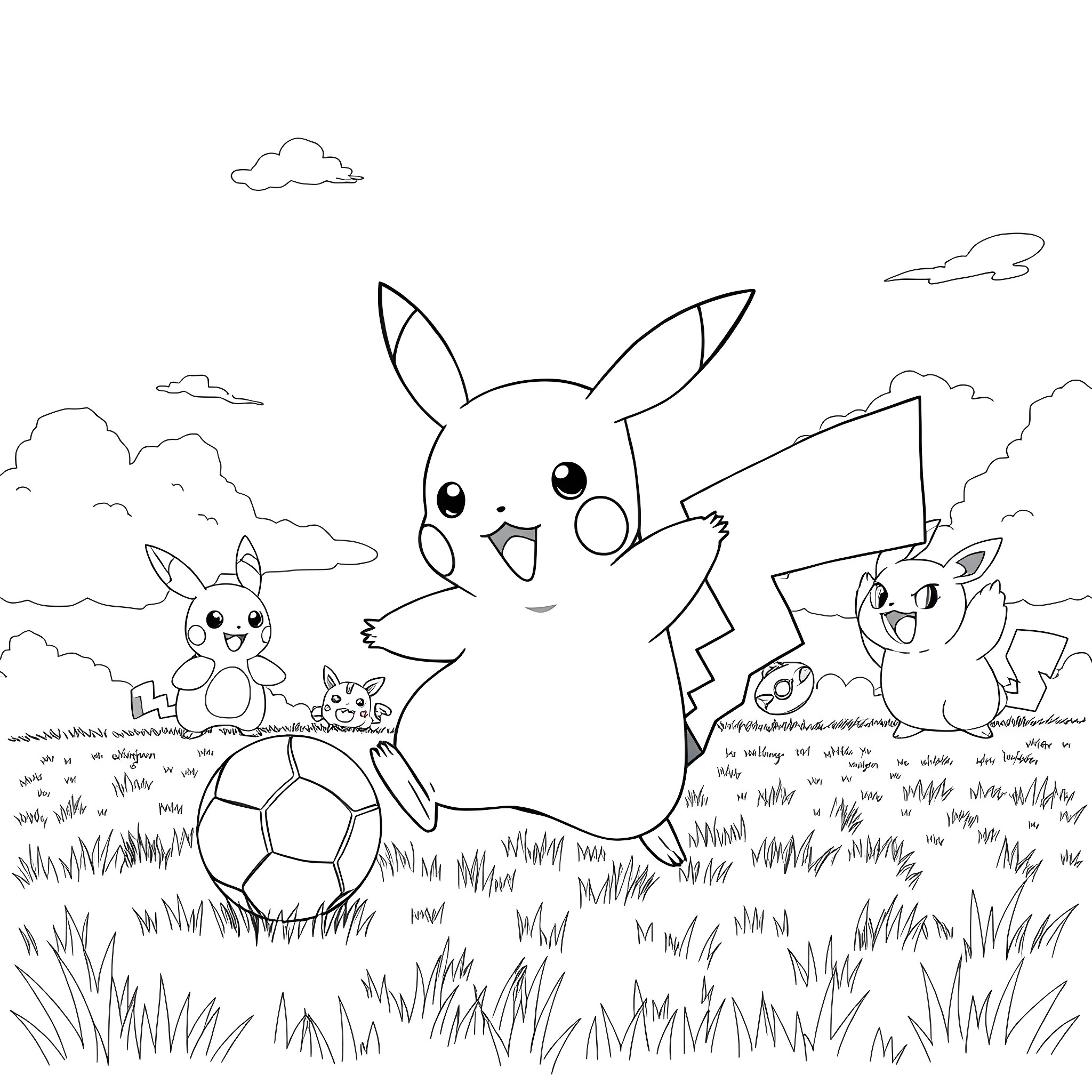 Pikachu playing with friends in an outdoor scene Coloring Page (free black-and-white line drawing printable PDF for all, from beginners to advanced learners, including children, teens, adults, and seniors)
