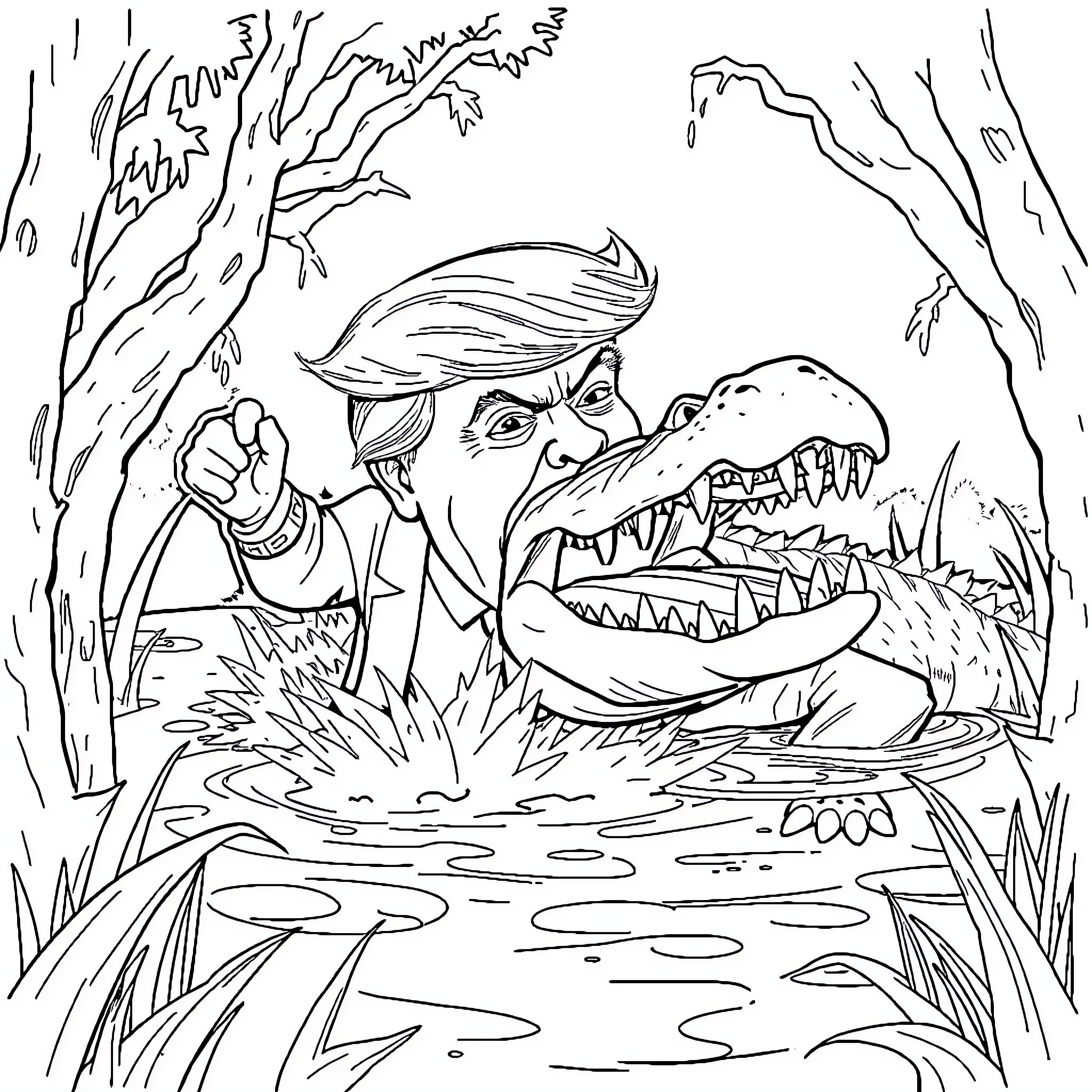 Alligator confronts a man in the swamp Coloring Page (free black-and-white line drawing printable PDF for all, from beginners to advanced learners, including children, teens, adults, and seniors)