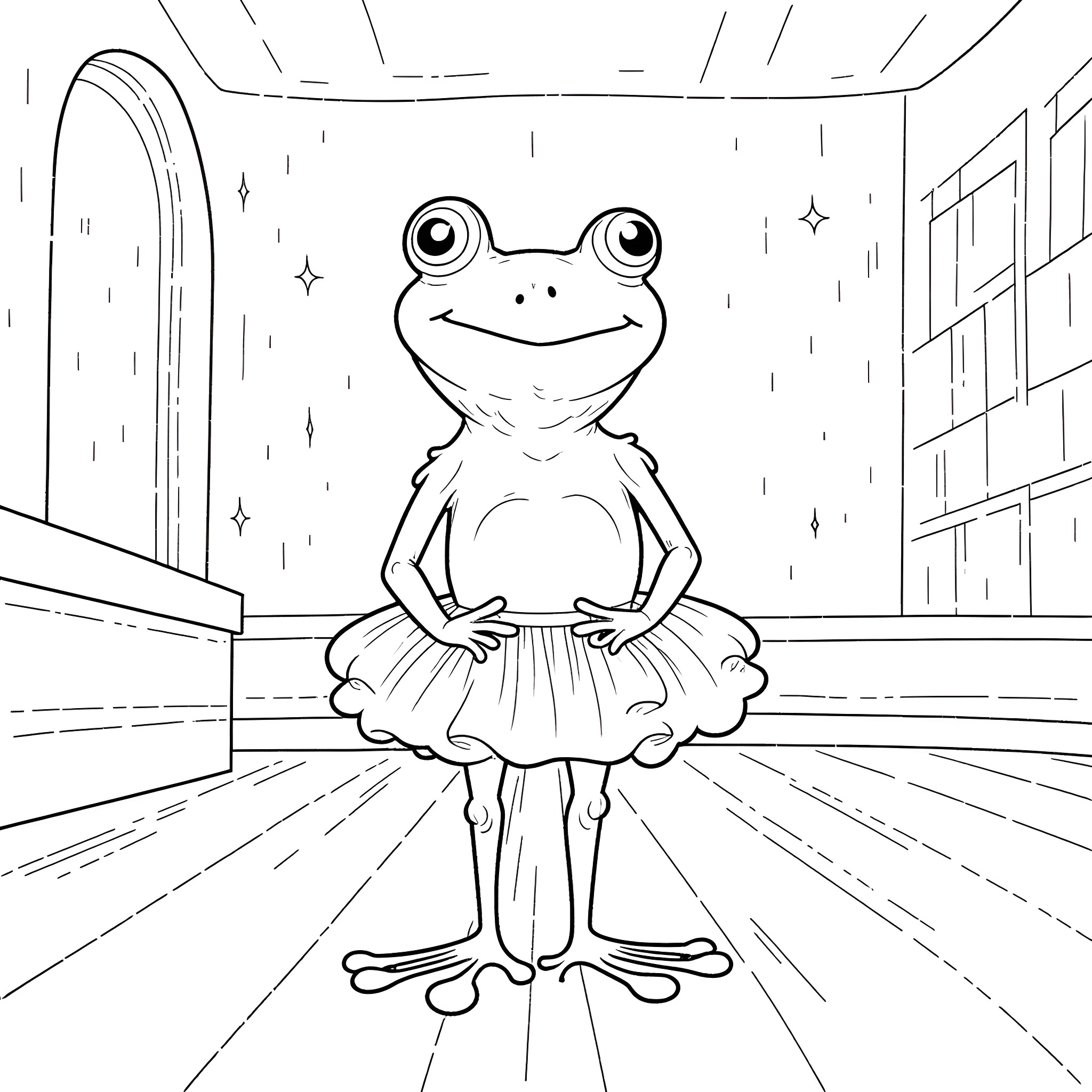 Frog ballerina performing on stage Coloring Page (free black-and-white line drawing printable PDF for all, from beginners to advanced learners, including children, teens, adults, and seniors)