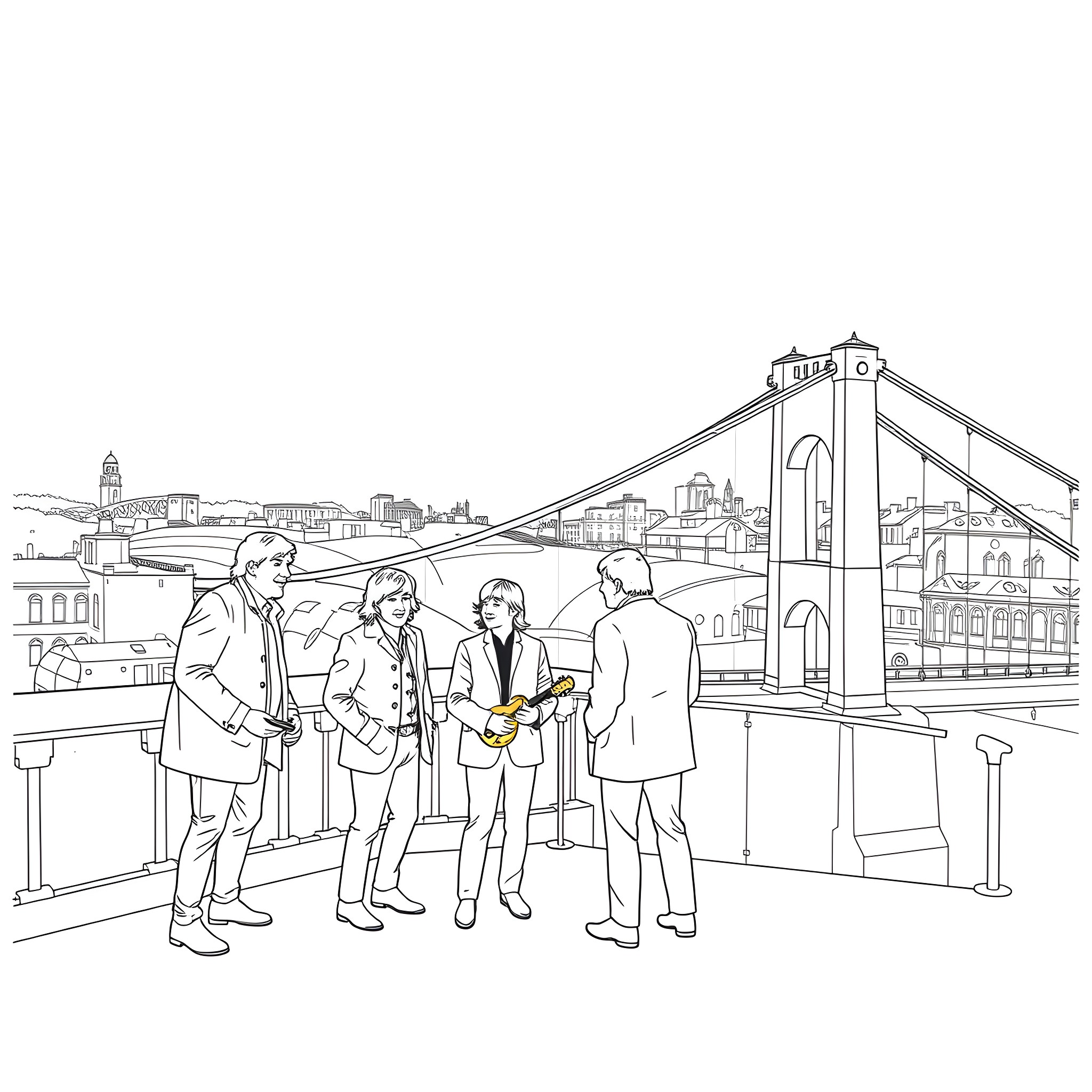 The Beatles playing music in front of cityscape Coloring Page (free black-and-white line drawing printable PDF for all, from beginners to advanced learners, including children, teens, adults, and seniors)