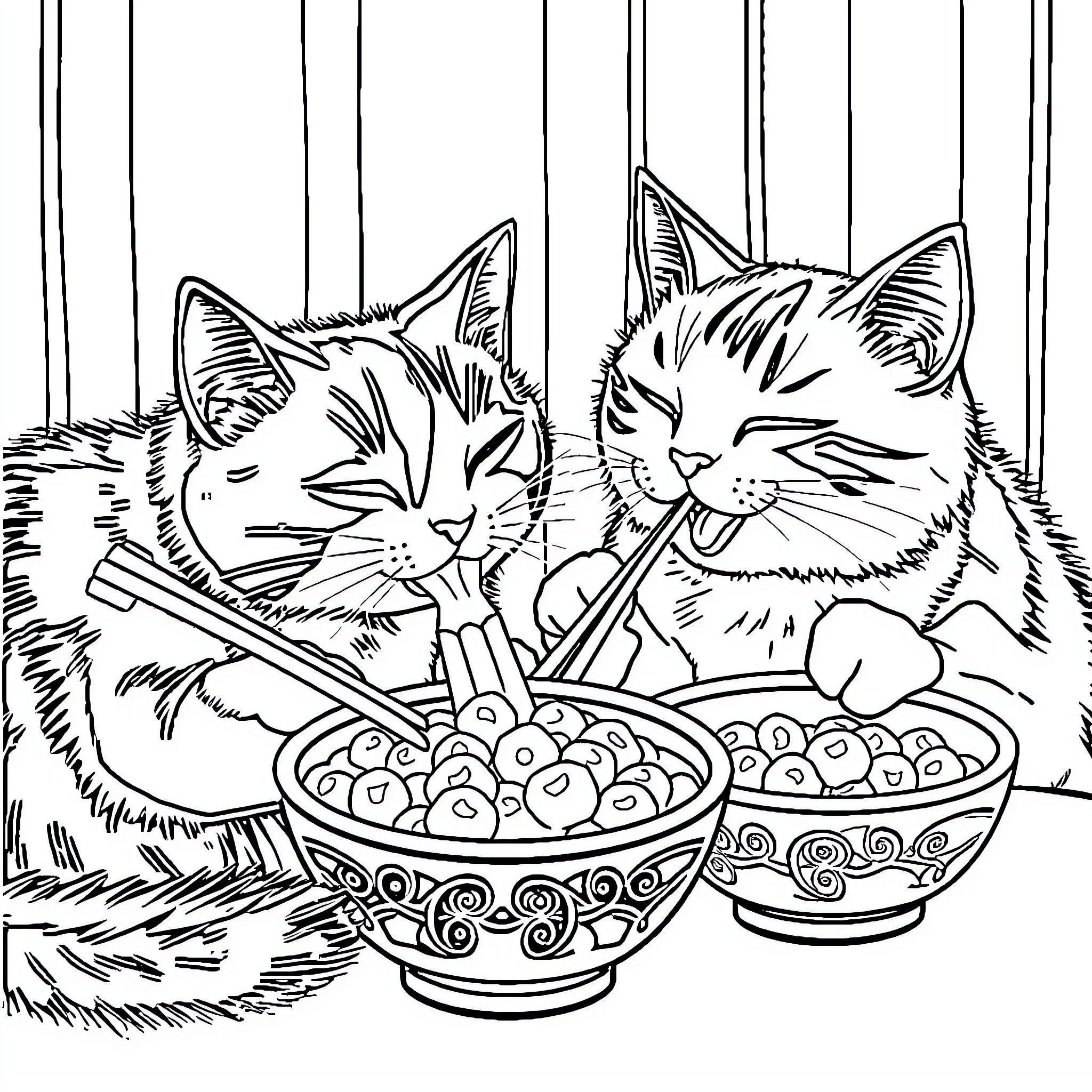 Cat friends feasting on treats Coloring Page (free black-and-white line drawing printable PDF for all, from beginners to advanced learners, including children, teens, adults, and seniors)
