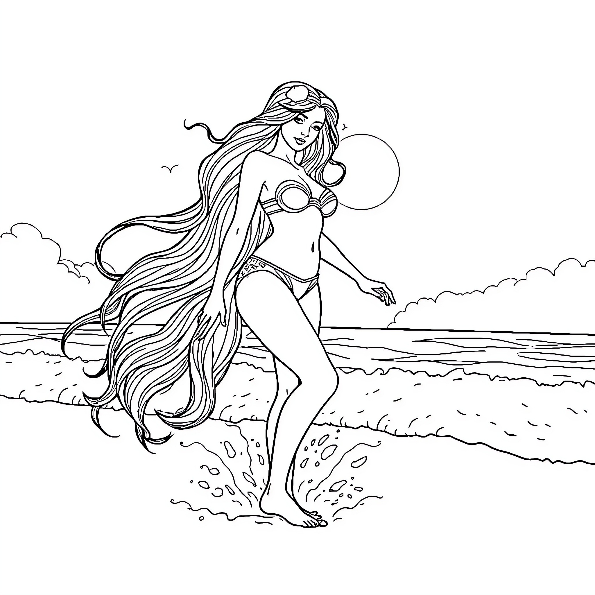 Wonder Woman in empowered pose on the beach Coloring Page (free black-and-white line drawing printable PDF for all, from beginners to advanced learners, including children, teens, adults, and seniors)