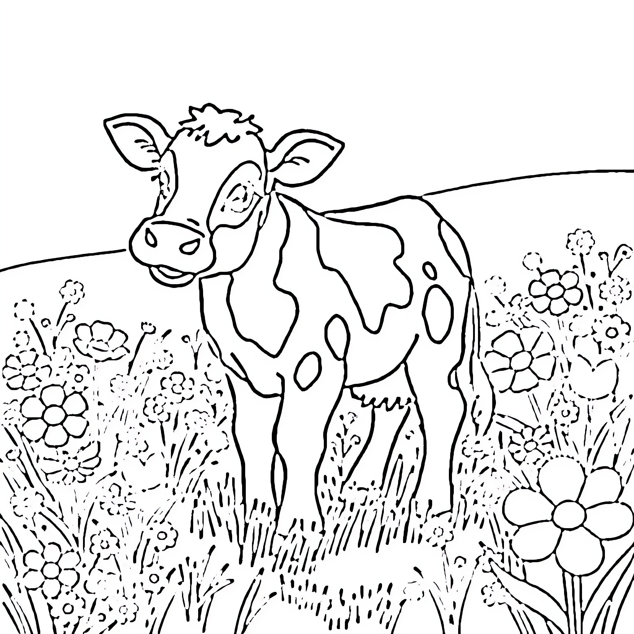 Cow standing in a floral field Coloring Page (free black-and-white line drawing printable PDF for all, from beginners to advanced learners, including children, teens, adults, and seniors)