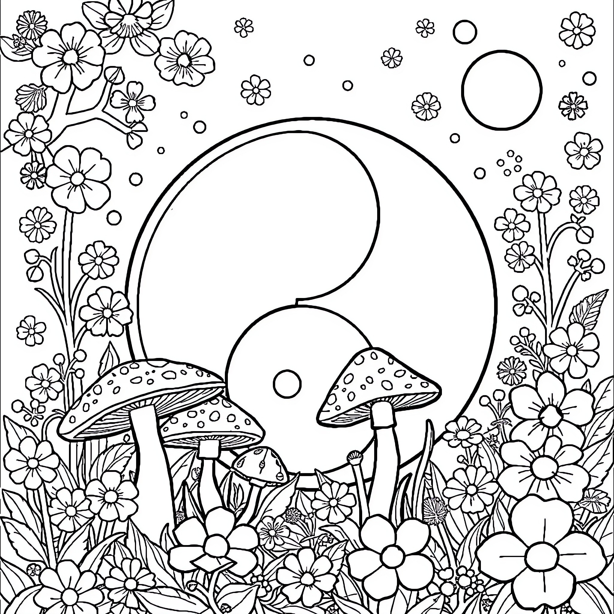Mushroom illustrations in a flowery garden Coloring Page (free black-and-white line drawing printable PDF for all, from beginners to advanced learners, including children, teens, adults, and seniors)