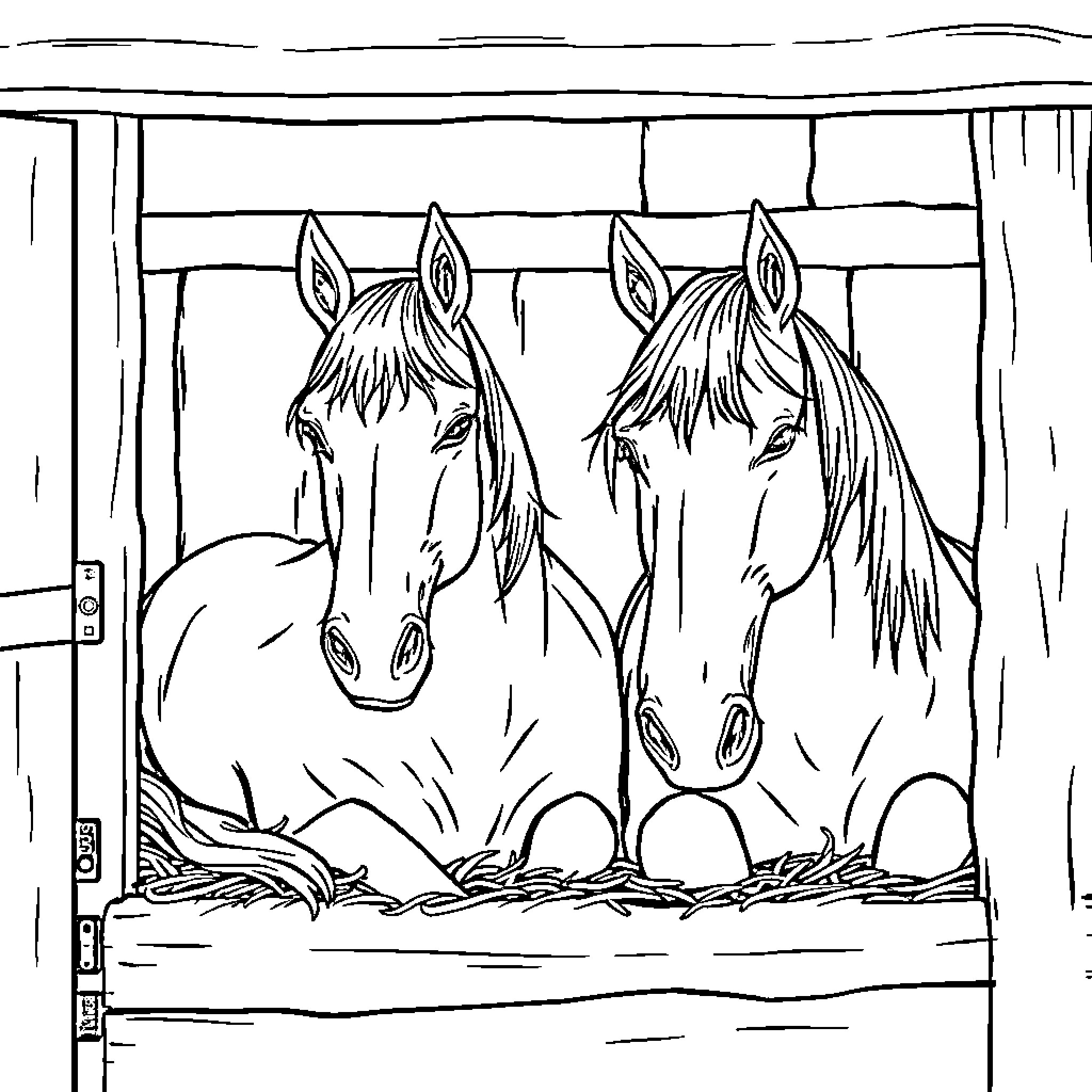 Horse friends in the stable Coloring Page (free black-and-white line drawing printable PDF for all, from beginners to advanced learners, including children, teens, adults, and seniors)