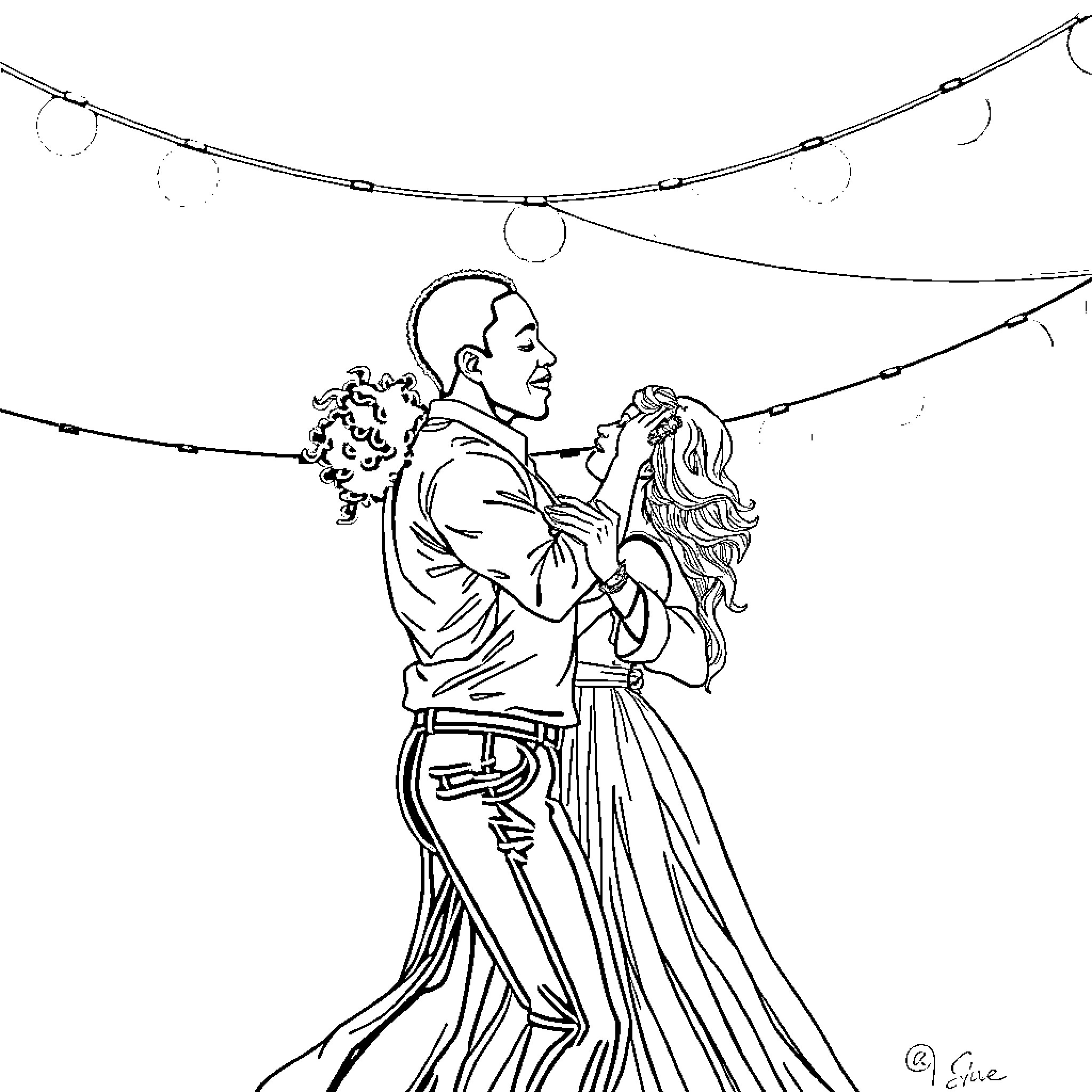 Couple dancing under fairy lights Coloring Page (free black-and-white line drawing printable PDF for all, from beginners to advanced learners, including children, teens, adults, and seniors)
