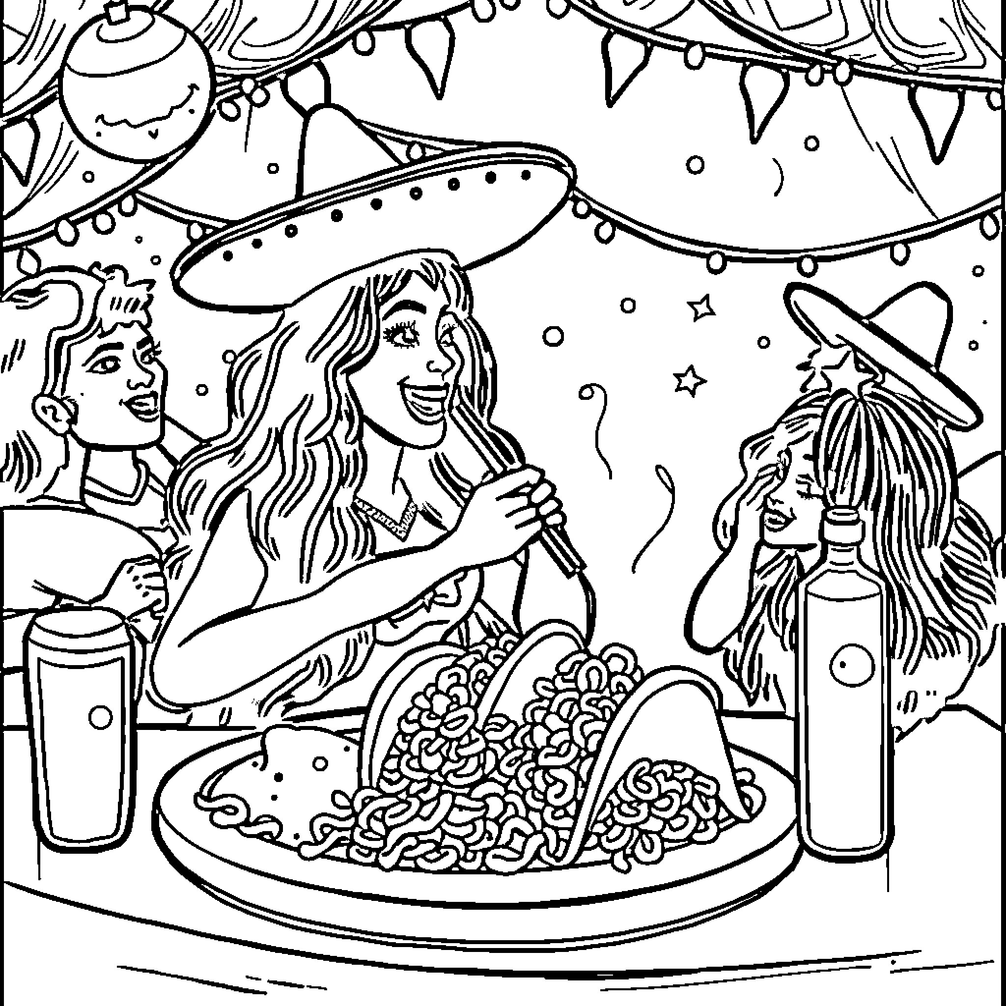 Seal Enjoying a Fiesta with Friends Coloring Page (free black-and-white line drawing printable PDF for all, from beginners to advanced learners, including children, teens, adults, and seniors)