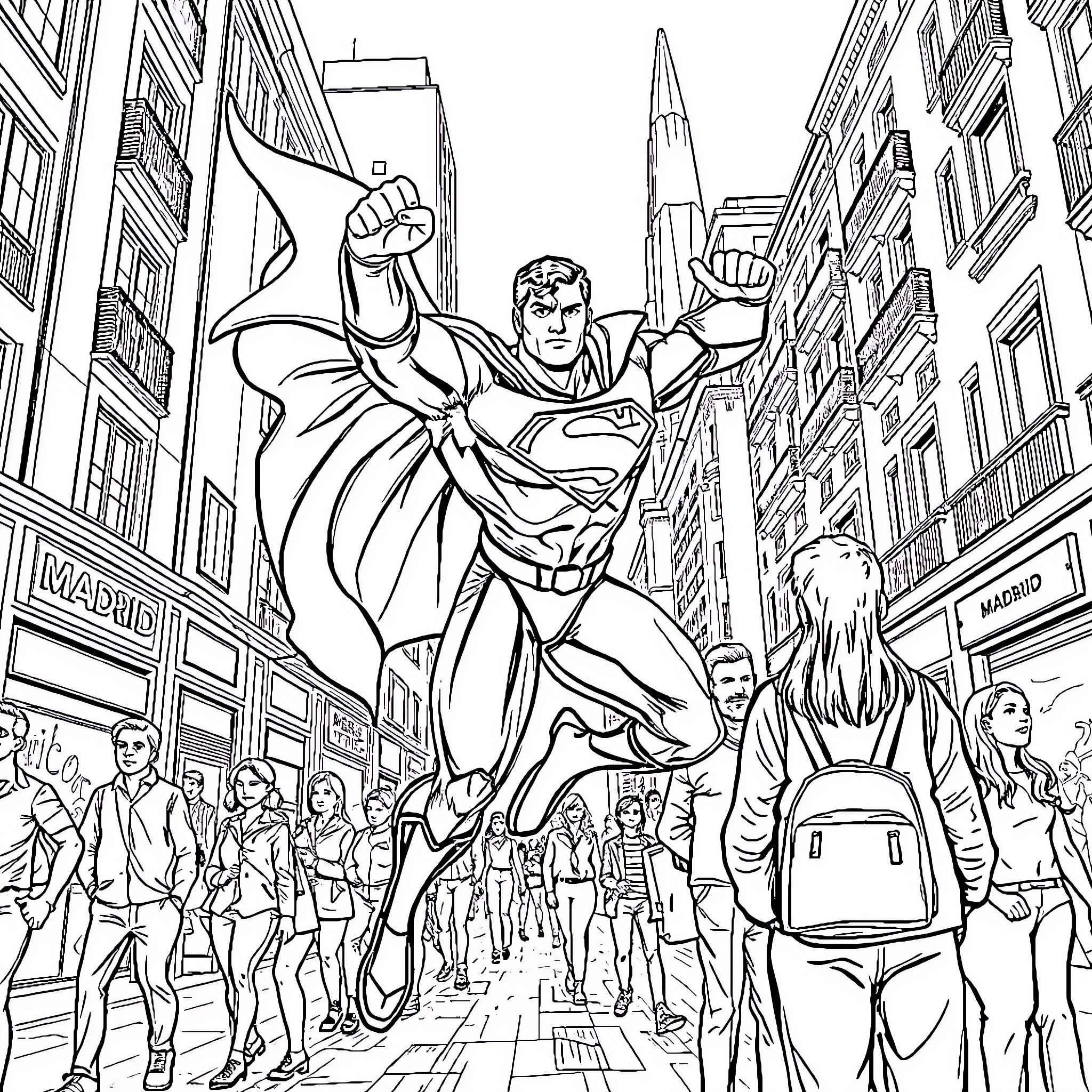 Superman's heroic presence in a bustling city Coloring Page (free black-and-white line drawing printable PDF for all, from beginners to advanced learners, including children, teens, adults, and seniors)