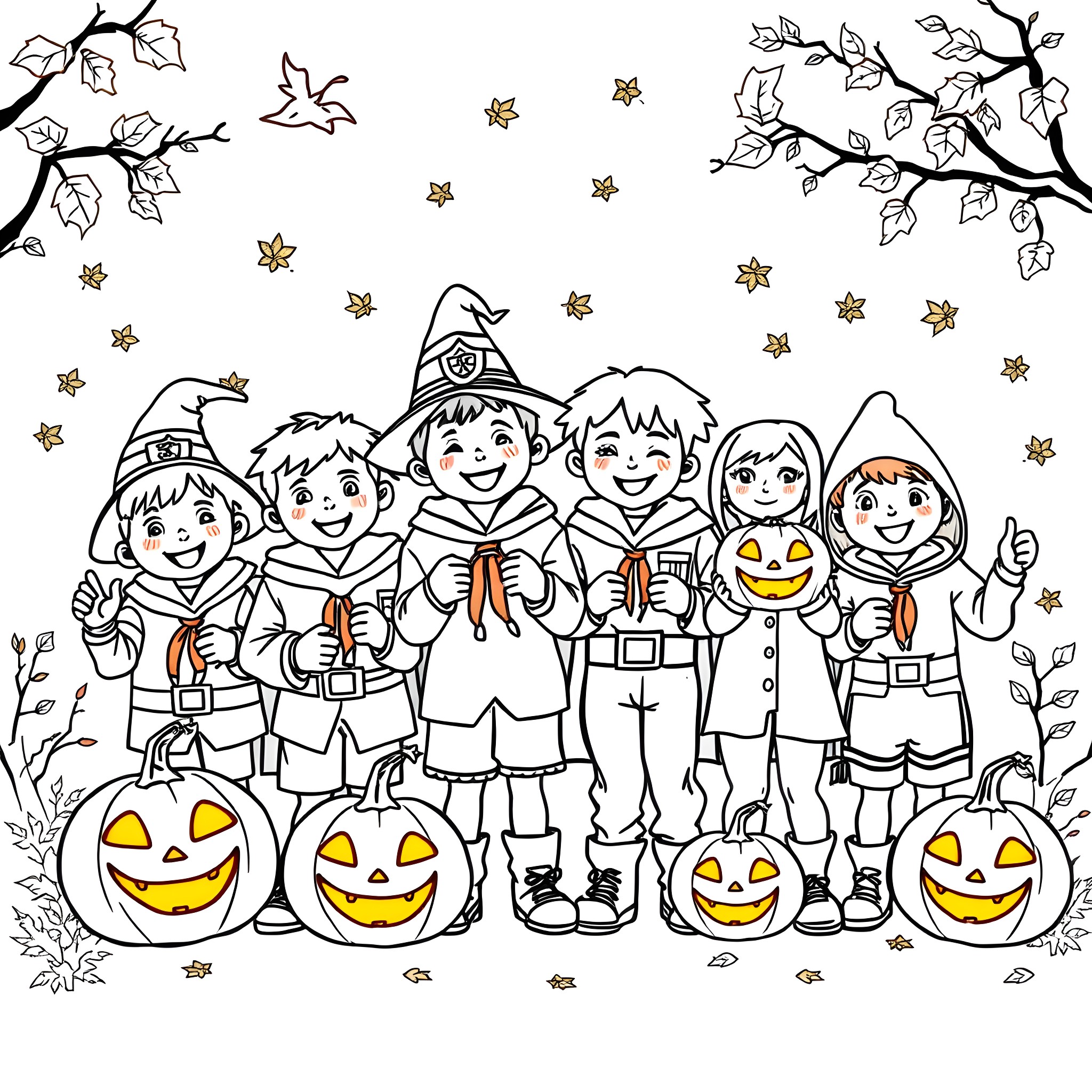 Cub Scouts in Halloween Costumes and Pumpkins Coloring Page (free black-and-white line drawing printable PDF for all, from beginners to advanced learners, including children, teens, adults, and seniors)