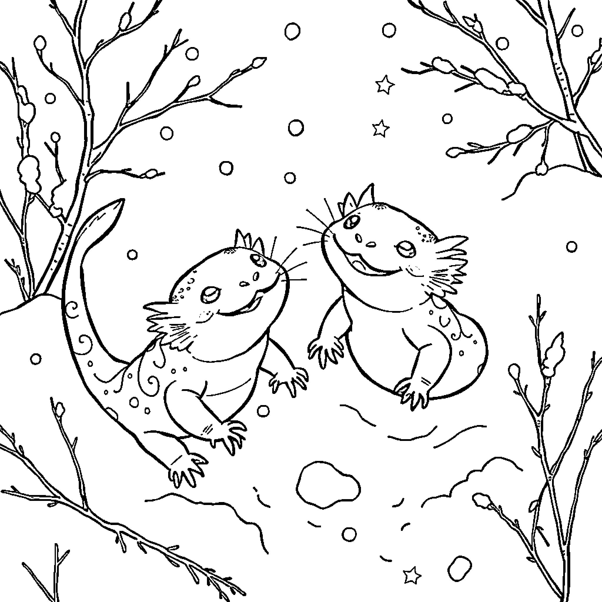 Axolotls playing in the snowy winter landscape Coloring Page (free black-and-white line drawing printable PDF for all, from beginners to advanced learners, including children, teens, adults, and seniors)