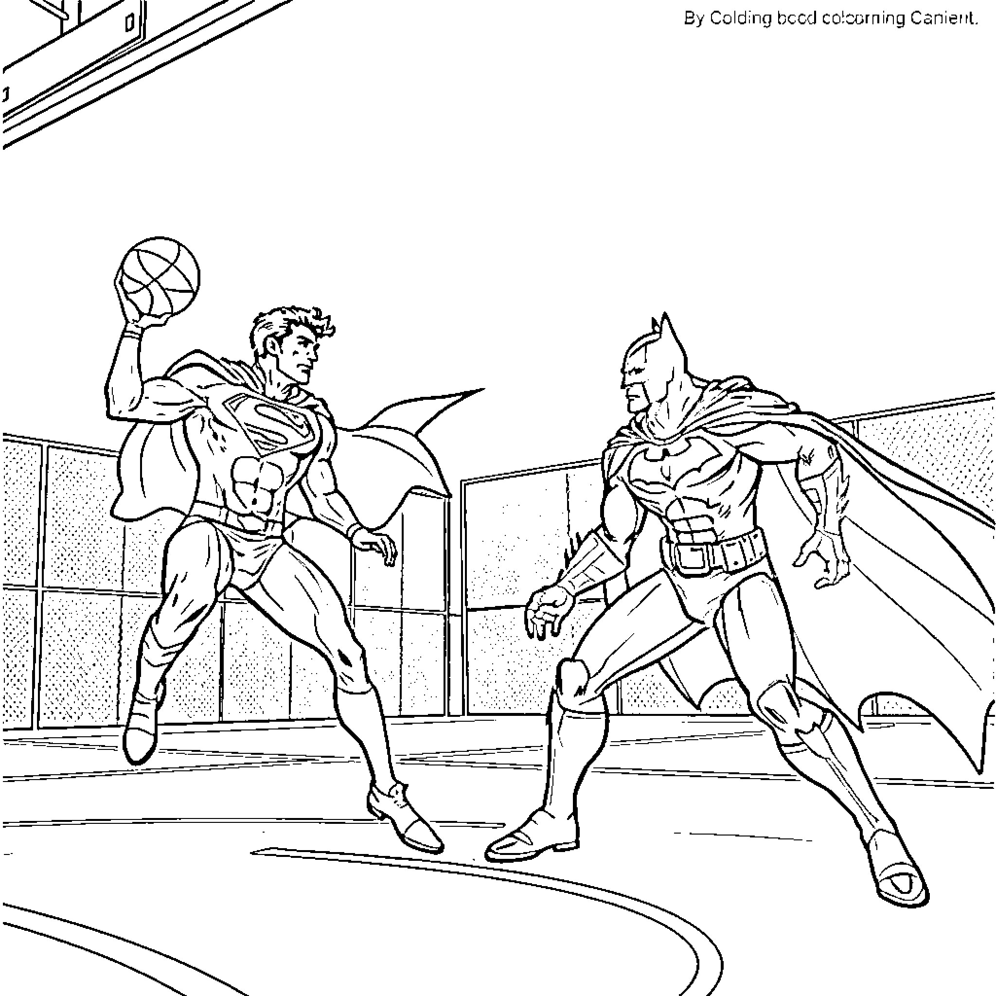 Superman and Batman engage in a heroic confrontation Coloring Page (free black-and-white line drawing printable PDF for all, from beginners to advanced learners, including children, teens, adults, and seniors)