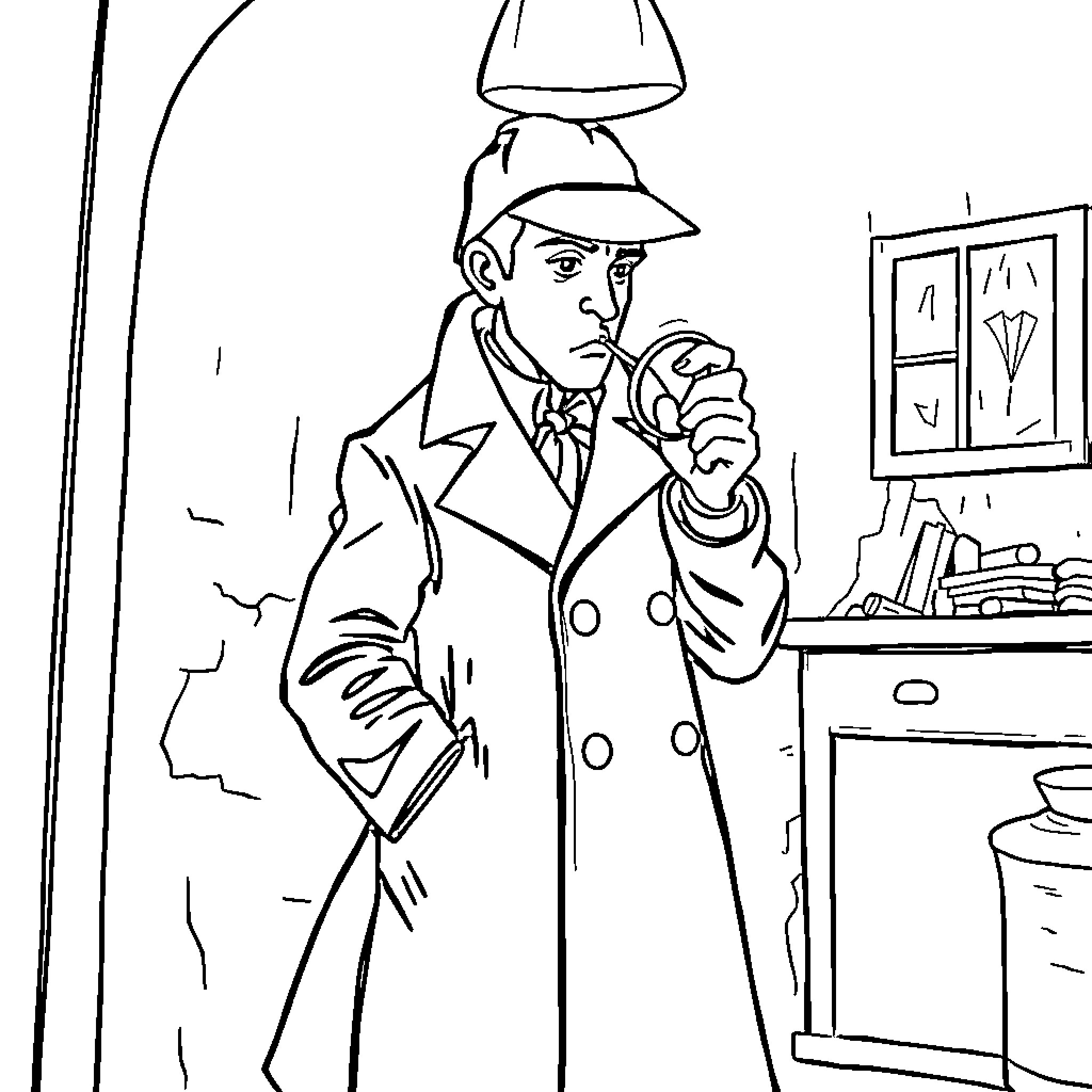 Sherlock Holmes contemplates clues in his study Coloring Page (free black-and-white line drawing printable PDF for all, from beginners to advanced learners, including children, teens, adults, and seniors)