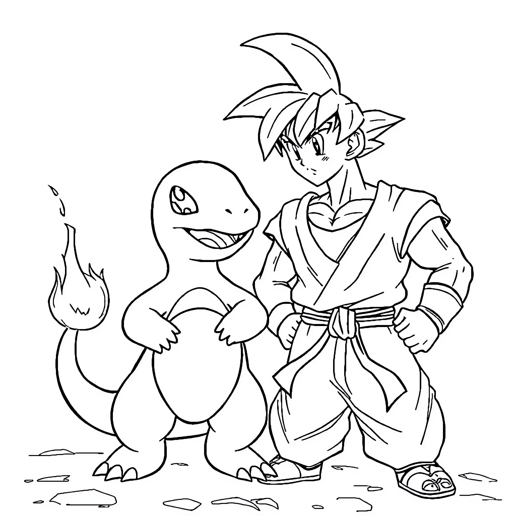 Charmander and Goku Adventuring Together Coloring Page (free black-and-white line drawing printable PDF for all, from beginners to advanced learners, including children, teens, adults, and seniors)