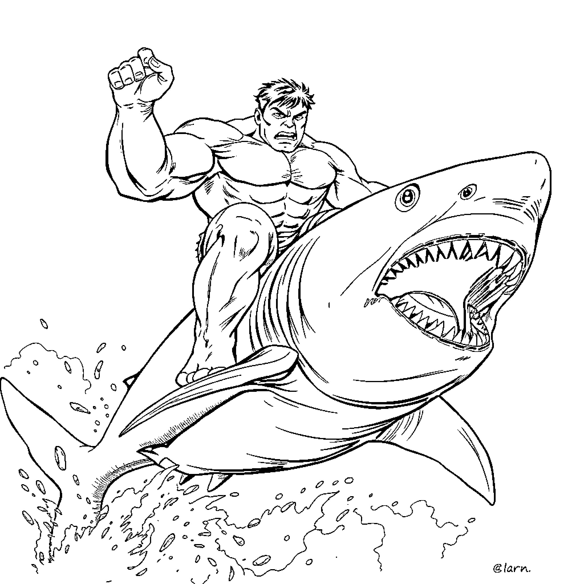 Hulk Battles Ferocious Shark in Dramatic Confrontation Coloring Page (free black-and-white line drawing printable PDF for all, from beginners to advanced learners, including children, teens, adults, and seniors)