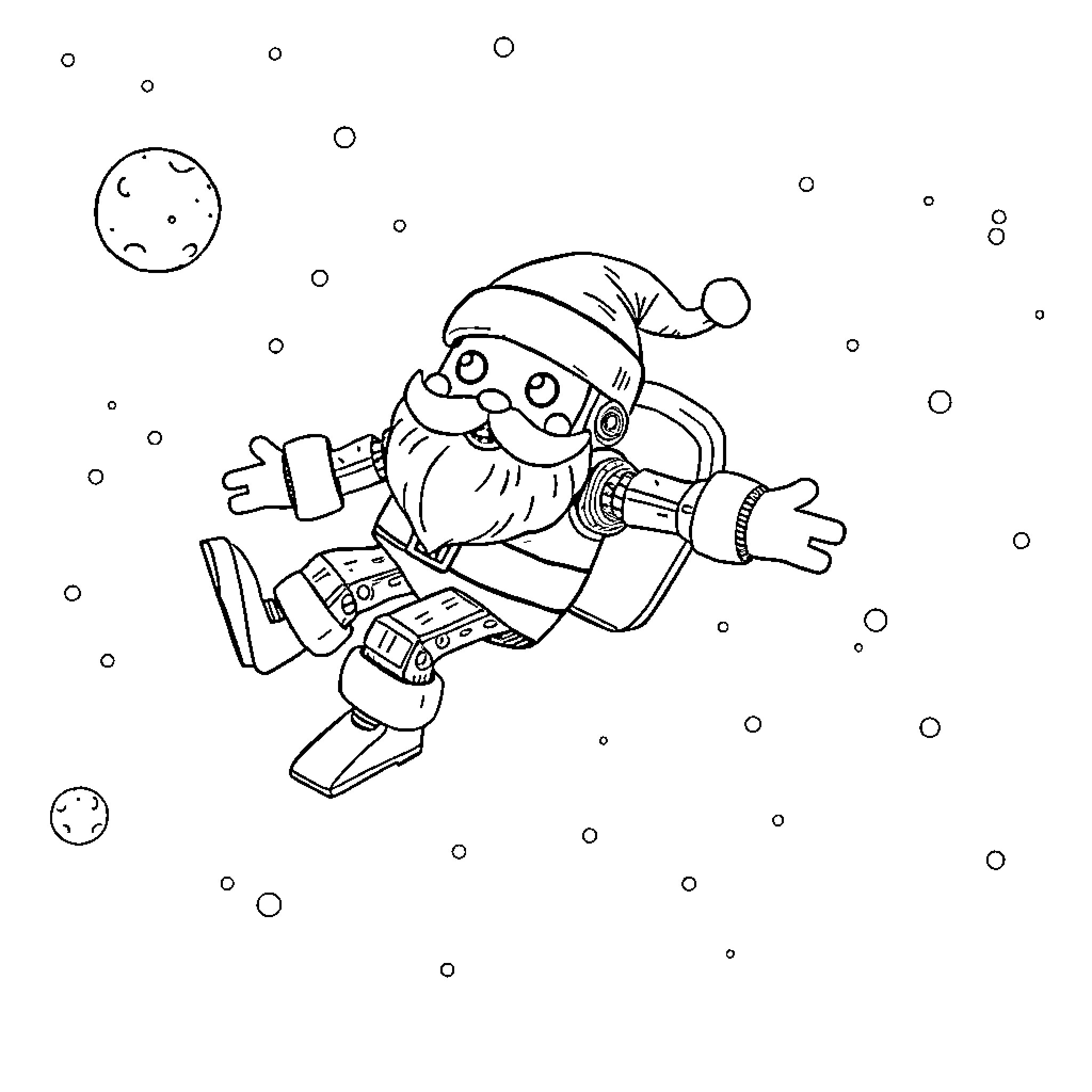 Santa floating in space with jetpack Coloring Page (free black-and-white line drawing printable PDF for all, from beginners to advanced learners, including children, teens, adults, and seniors)