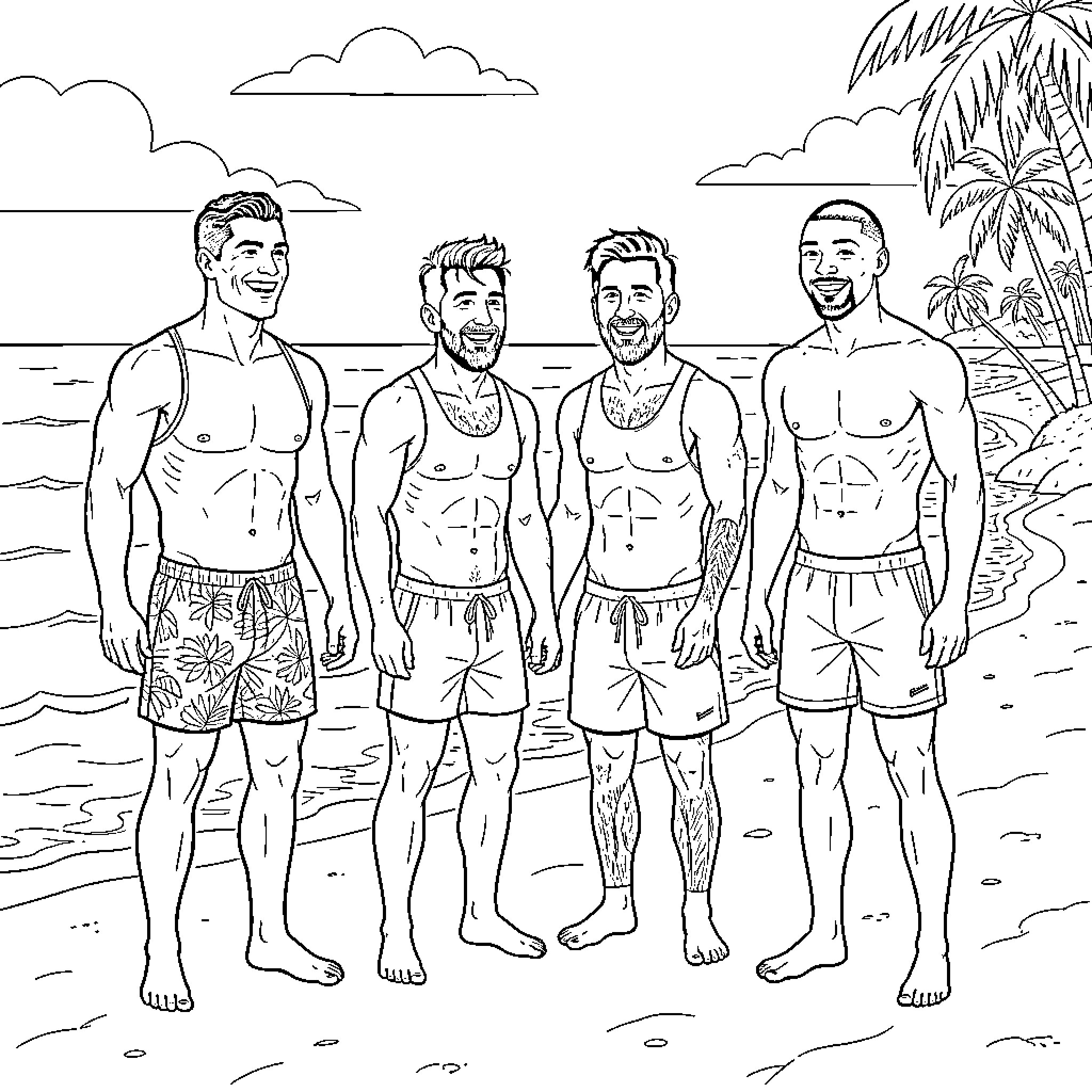 Ronaldo and friends standing together on a tropical beach Coloring Page (free black-and-white line drawing printable PDF for all, from beginners to advanced learners, including children, teens, adults, and seniors)